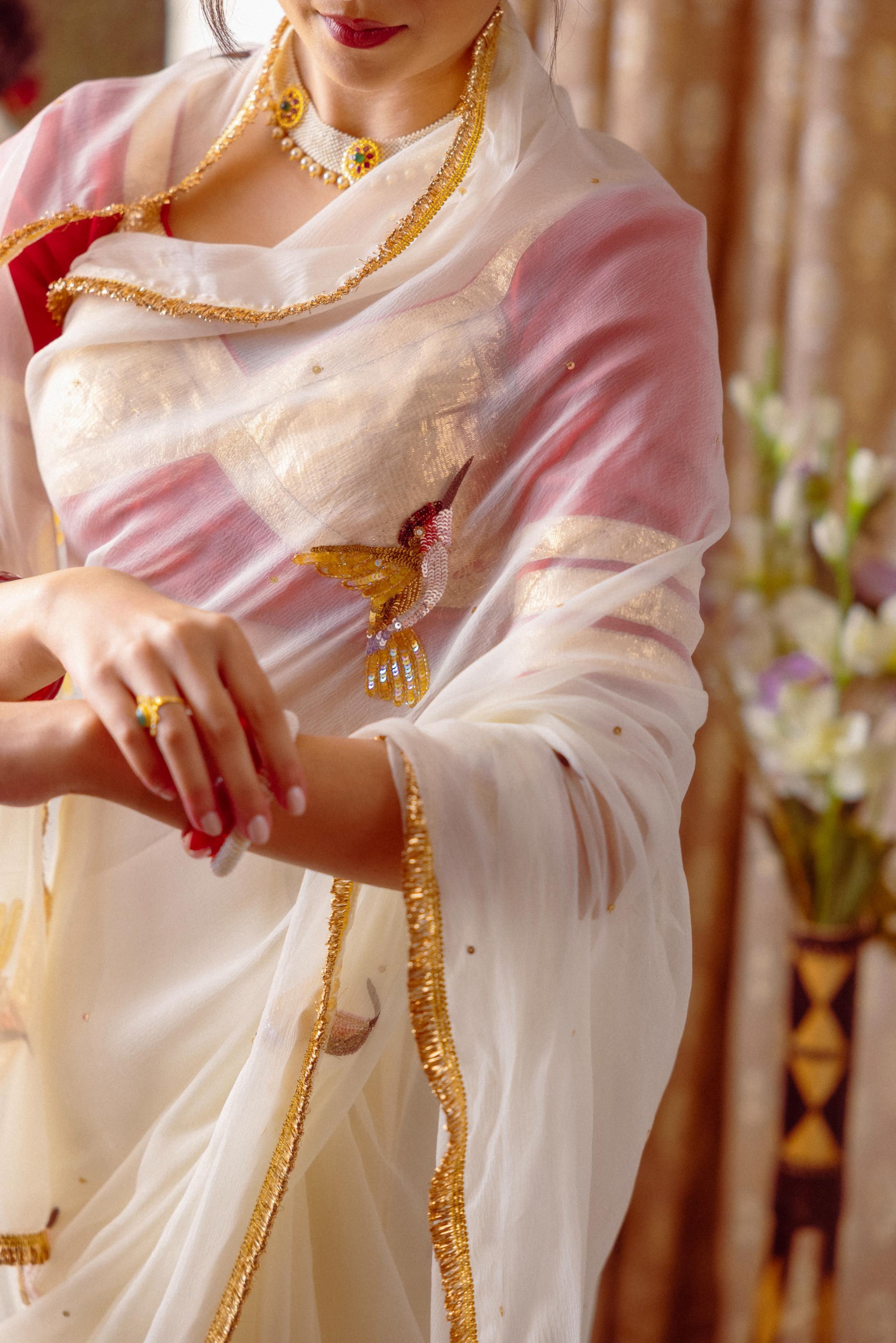 White Viscose Chiffon Aari Resham Sequins Handwork Saree