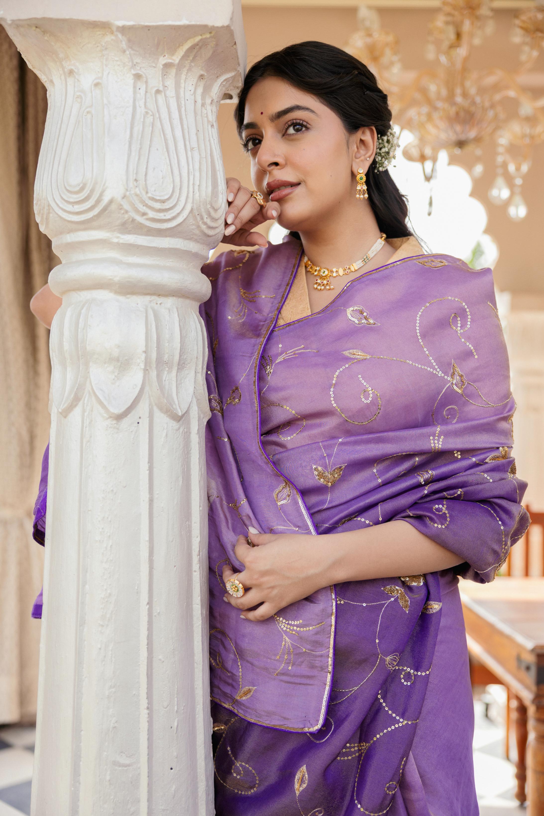 Purple Tissue Aari Tari Jaal work Saree Handwork Saree