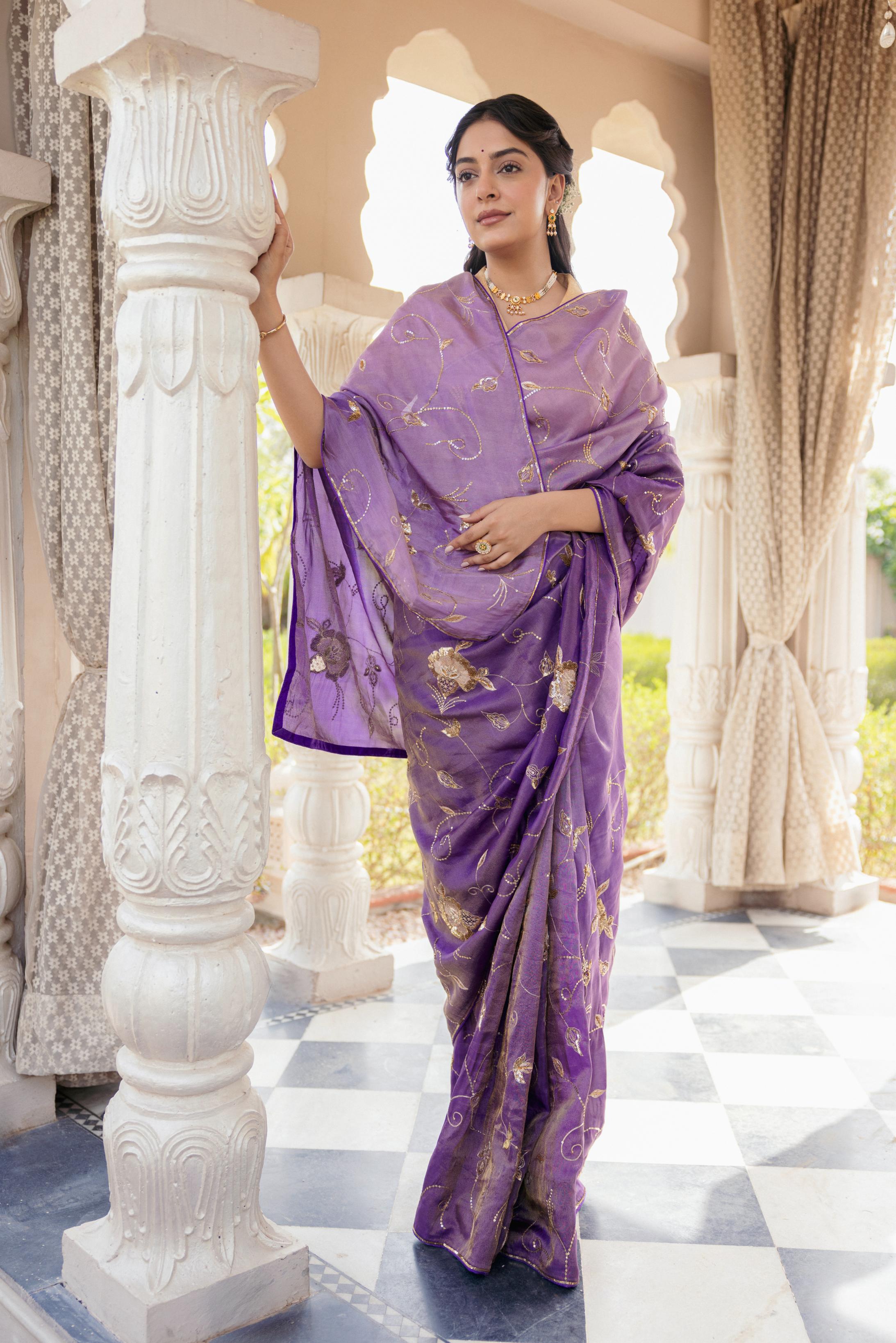 Purple Tissue Aari Tari Jaal work Saree Handwork Saree