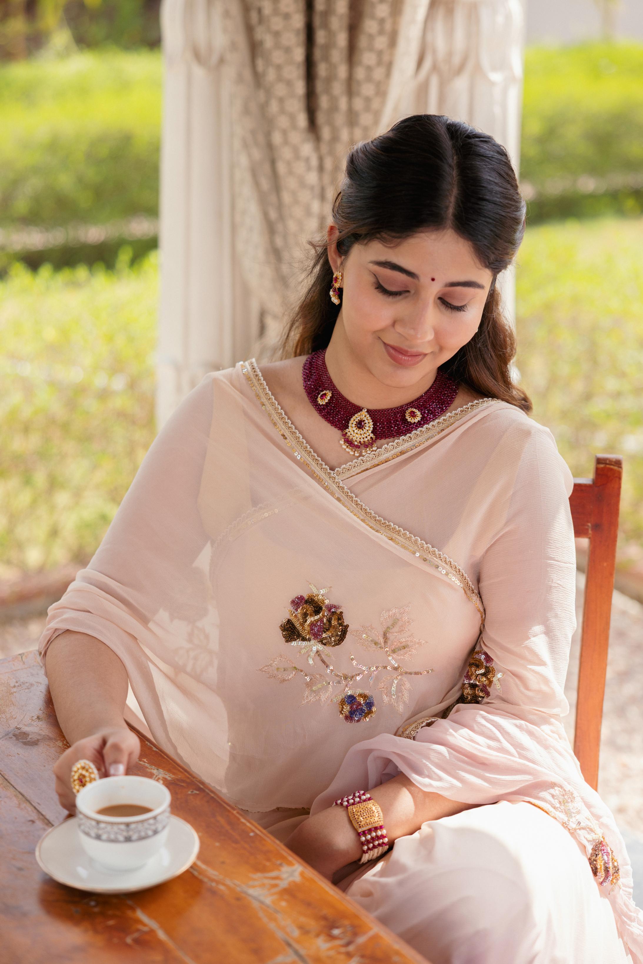 Baby Pink Pure Chiffon Aari Sequins Motif Handwork Saree
