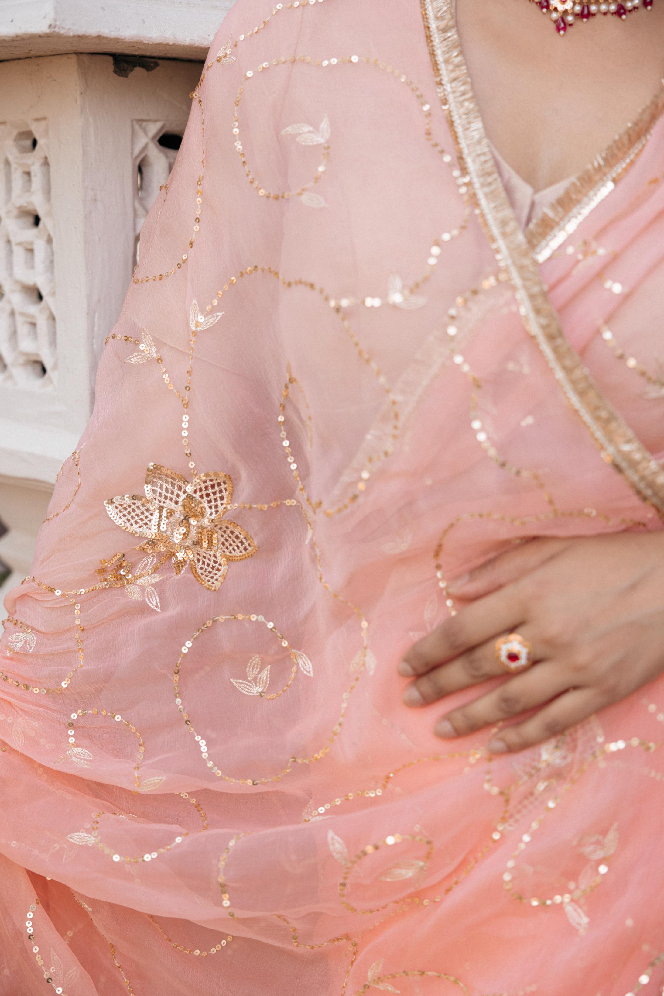 Peach Viscose Chiffon Aari Tari Jaal Cutwork Handwork Saree