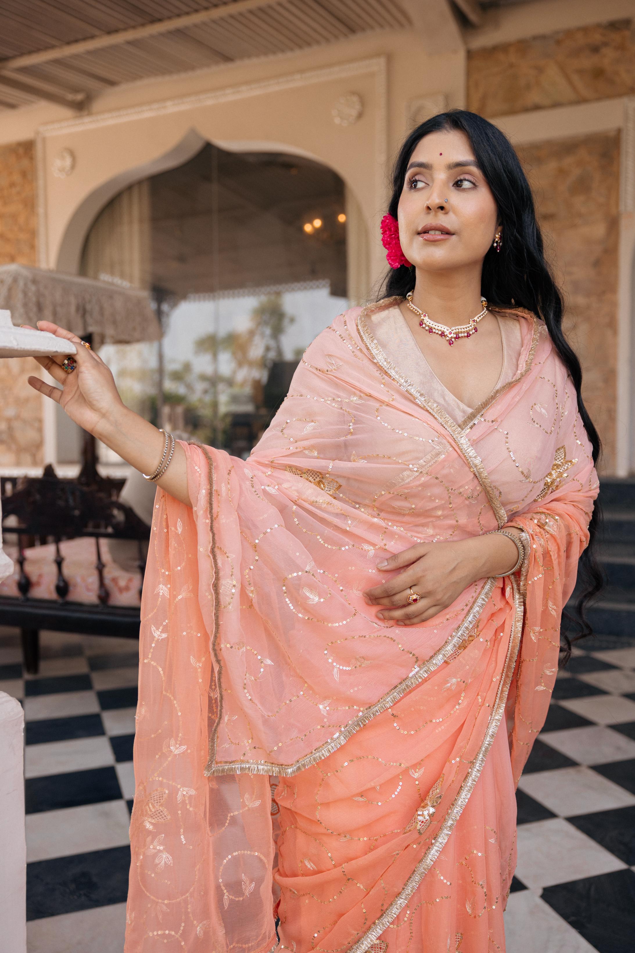 Peach Viscose Chiffon Aari Tari Jaal Cutwork Handwork Saree