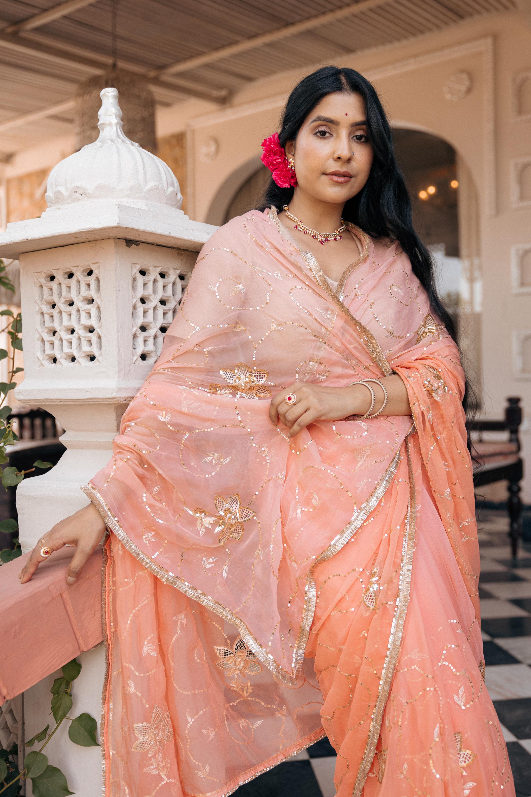 Peach Viscose Chiffon Aari Tari Jaal Cutwork Handwork Saree