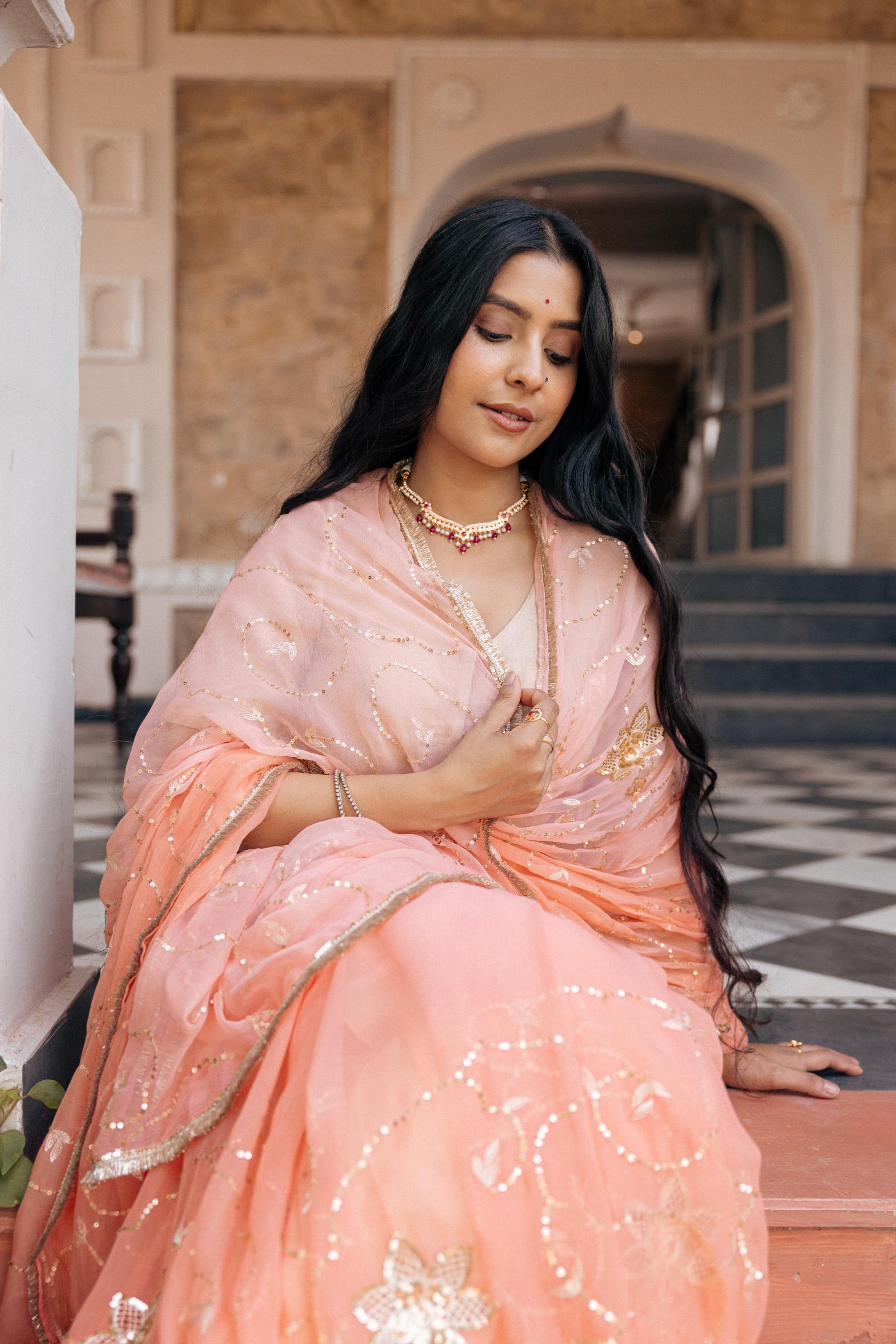Peach Viscose Chiffon Aari Tari Jaal Cutwork Handwork Saree