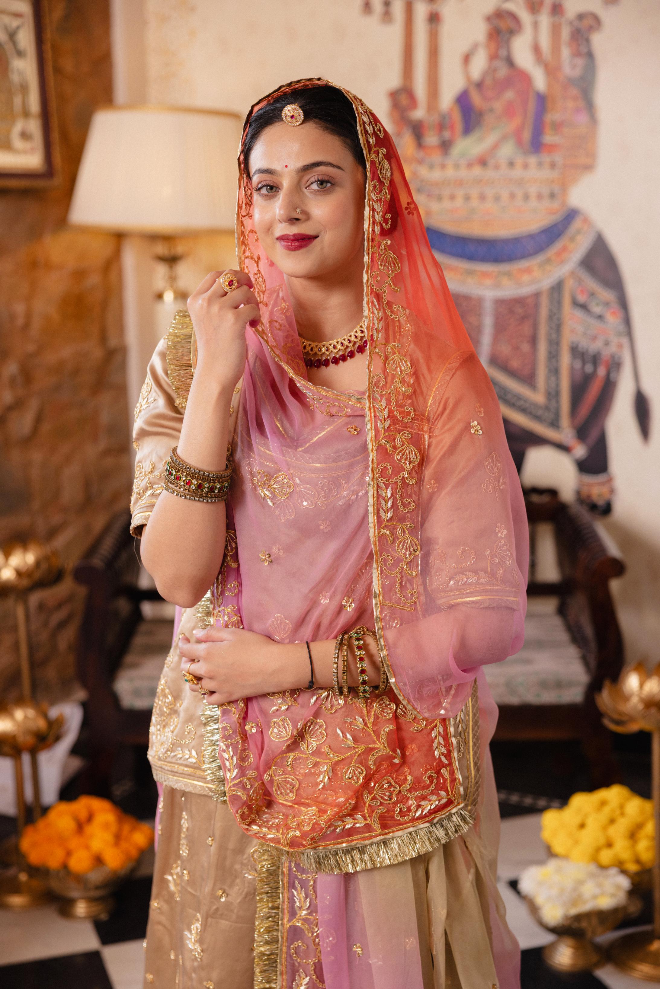Chikku Bamber Satin Dori Zardozi Handwork Poshak (Unstitched)