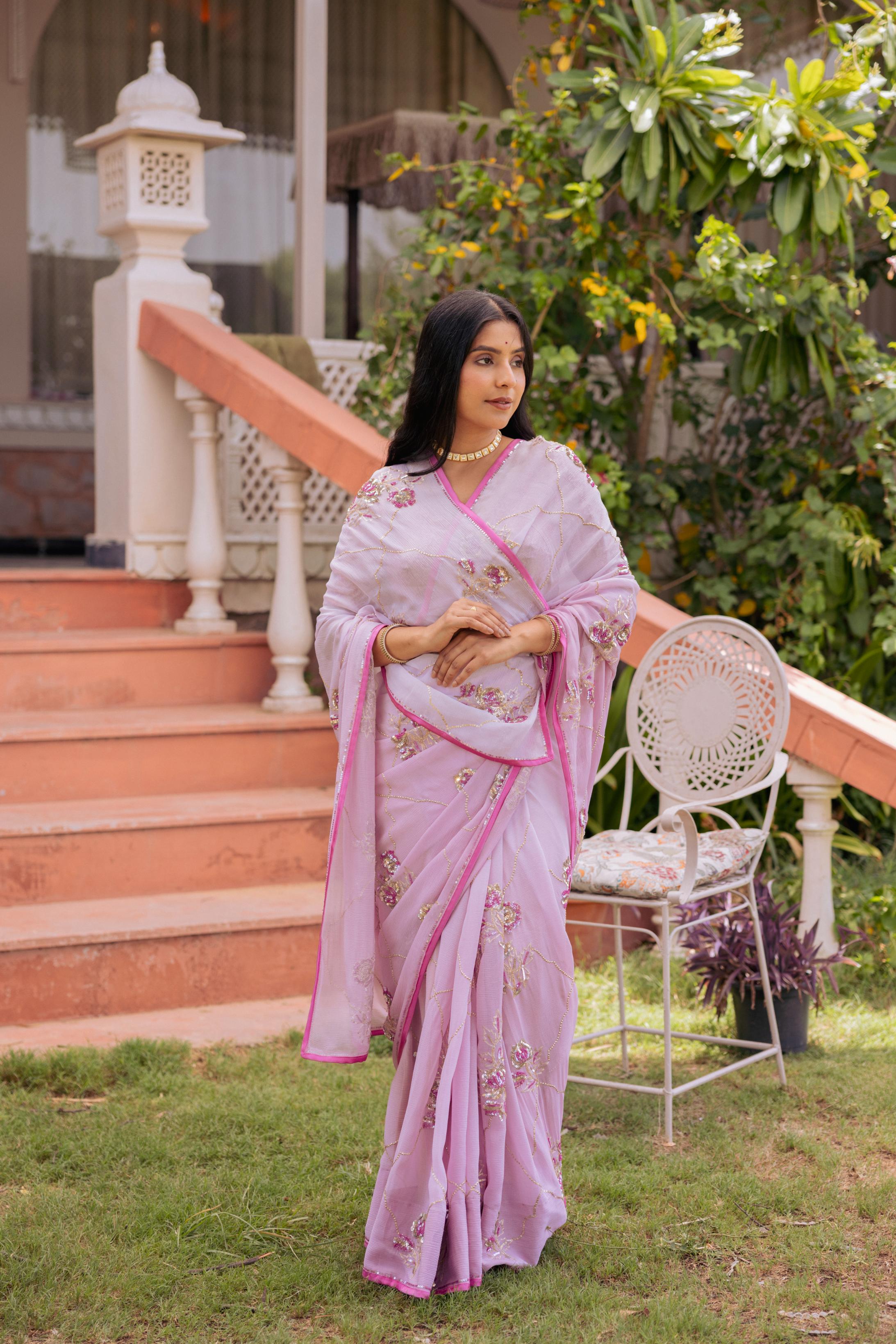 Lavender Pure Chiffon Aari Katori Jaal Handwork Saree