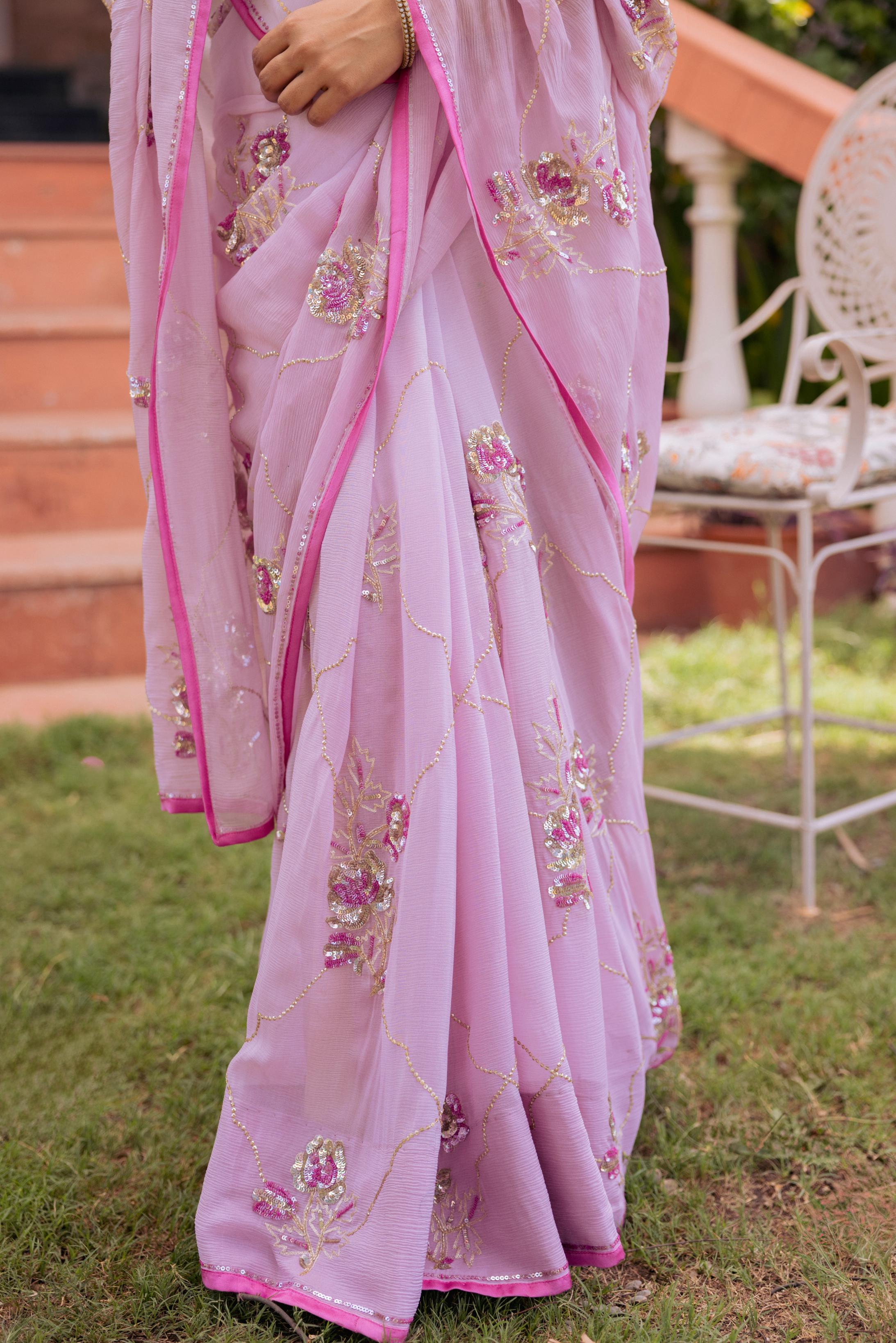 Lavender Pure Chiffon Aari Katori Jaal Handwork Saree
