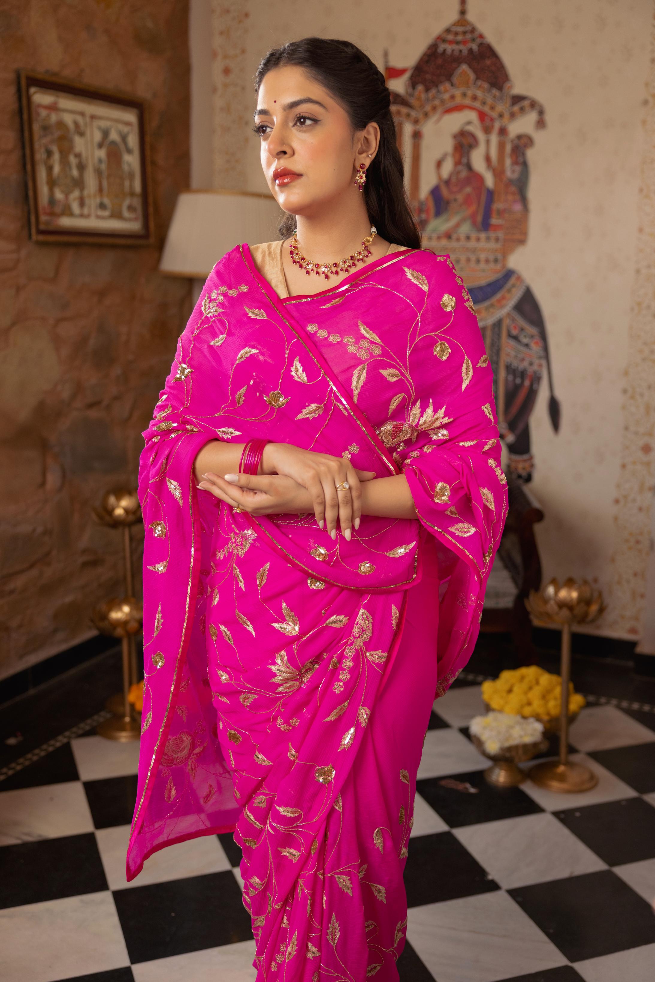 Neon Pink Pure Chiffon Aari Sequins Zardozi Jaal Handwork Saree