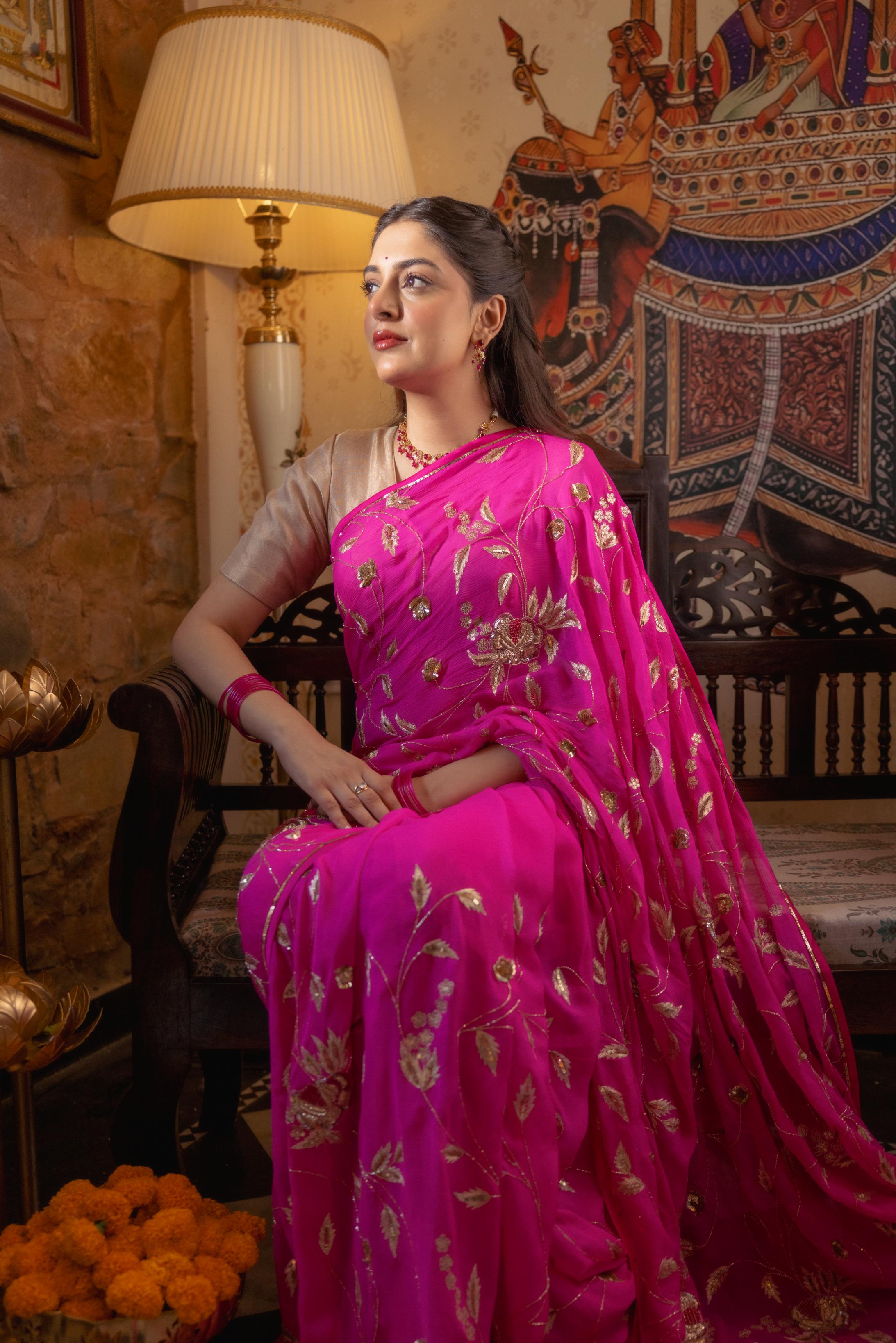 Neon Pink Pure Chiffon Aari Sequins Zardozi Jaal Handwork Saree