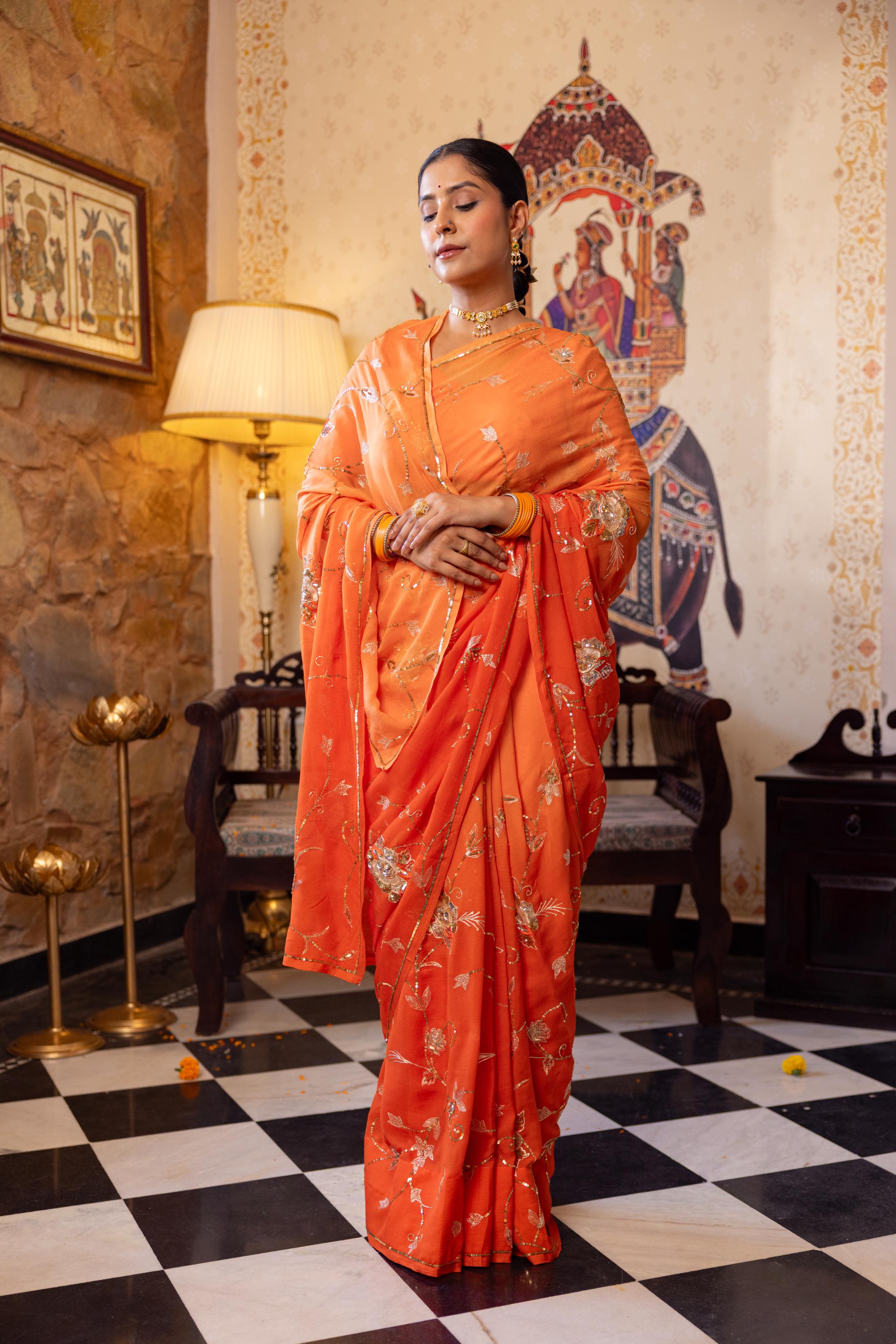 Orange Pure Chiffon Aari Sequins Jaal Handwork Saree