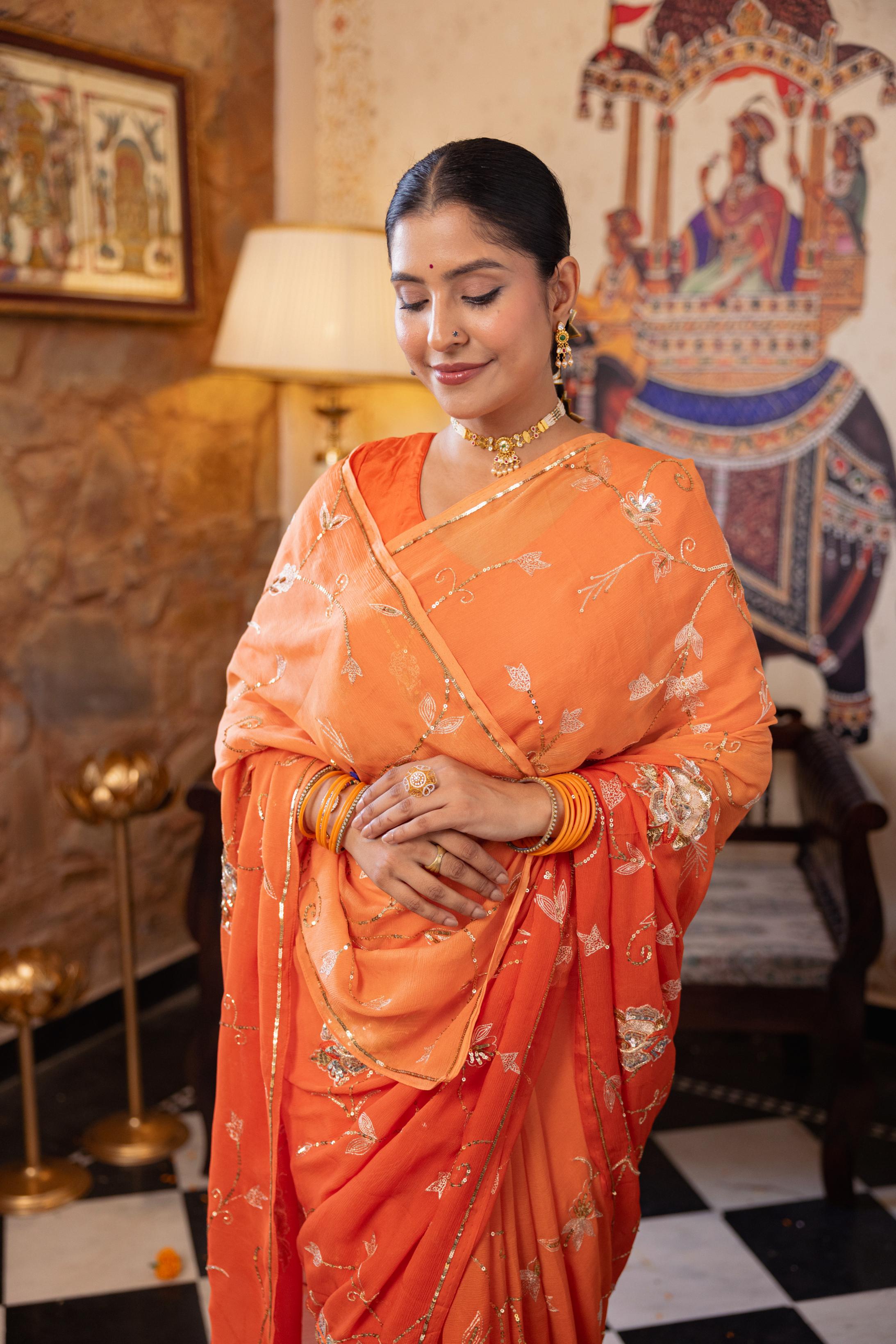 Orange Pure Chiffon Aari Sequins Jaal Handwork Saree