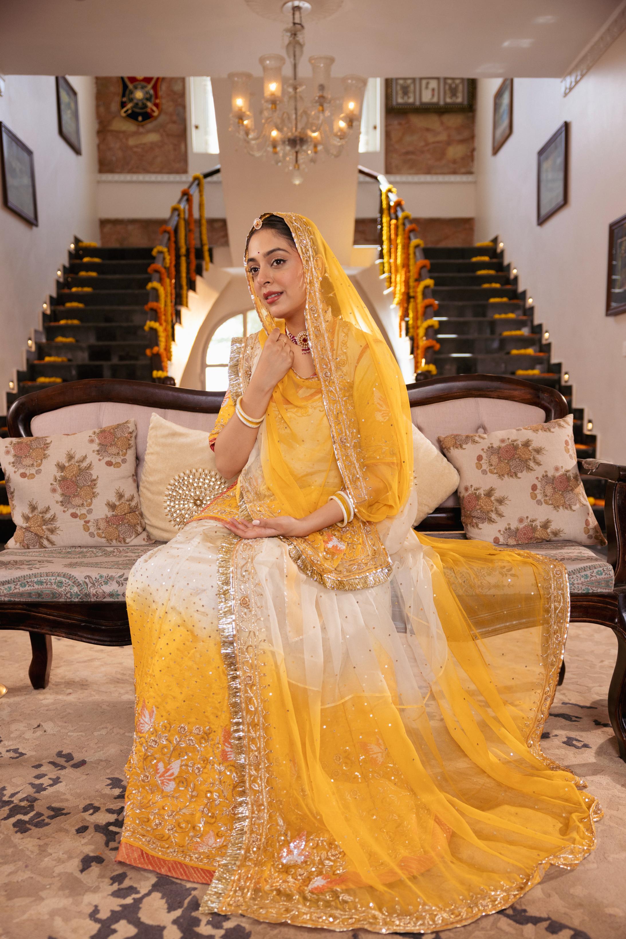 Yellow White Ombre Tissue Zardozi Handwork Poshak (Unstitched)