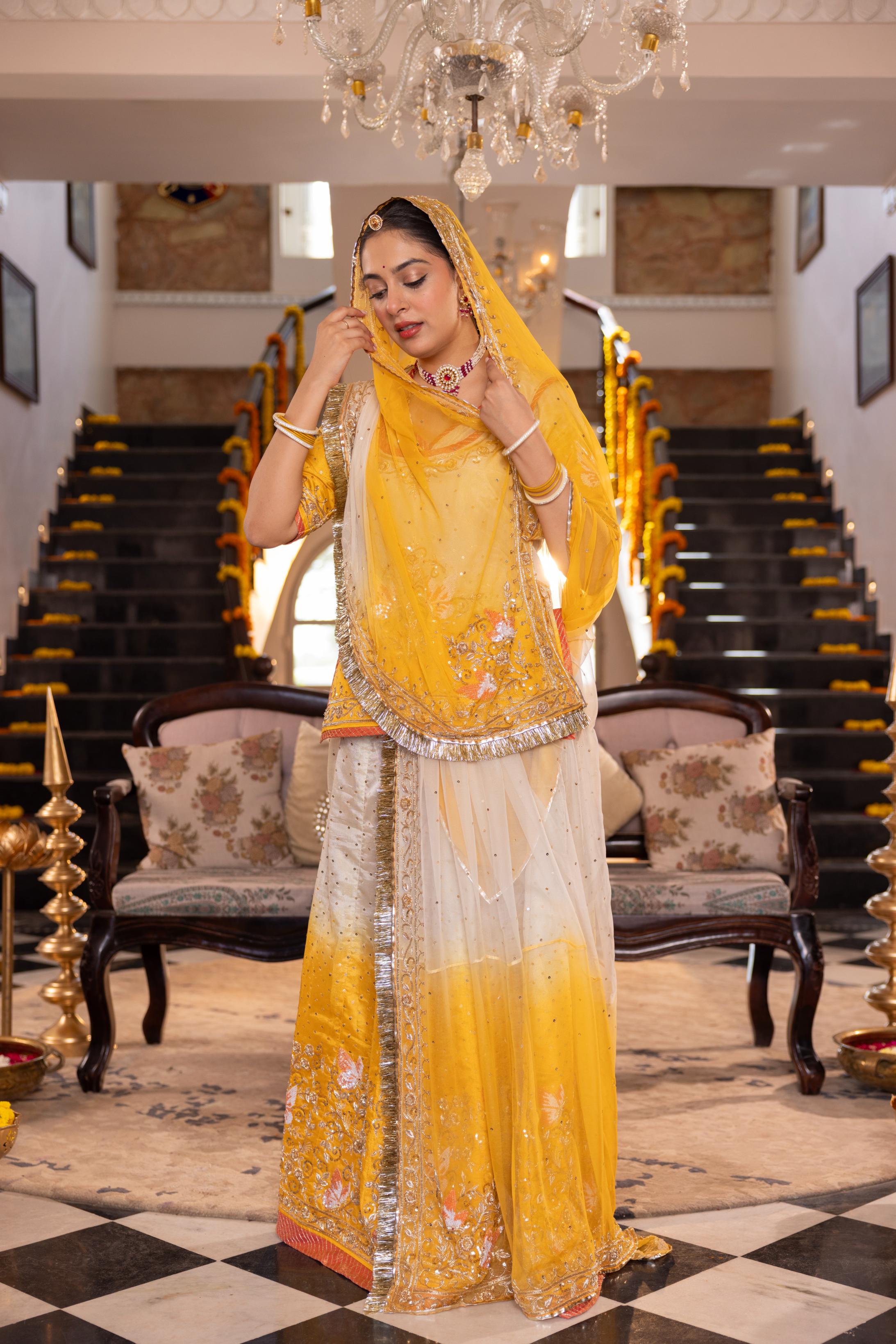 Yellow White Ombre Tissue Zardozi Handwork Poshak (Unstitched)