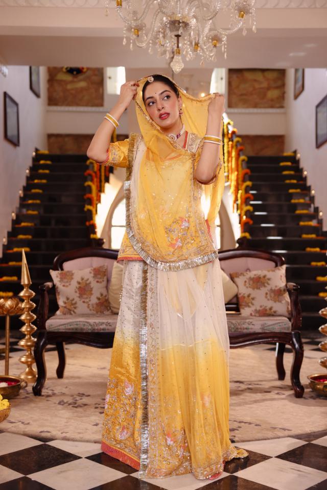 Yellow White Ombre Tissue Zardozi Handwork Poshak (Unstitched)