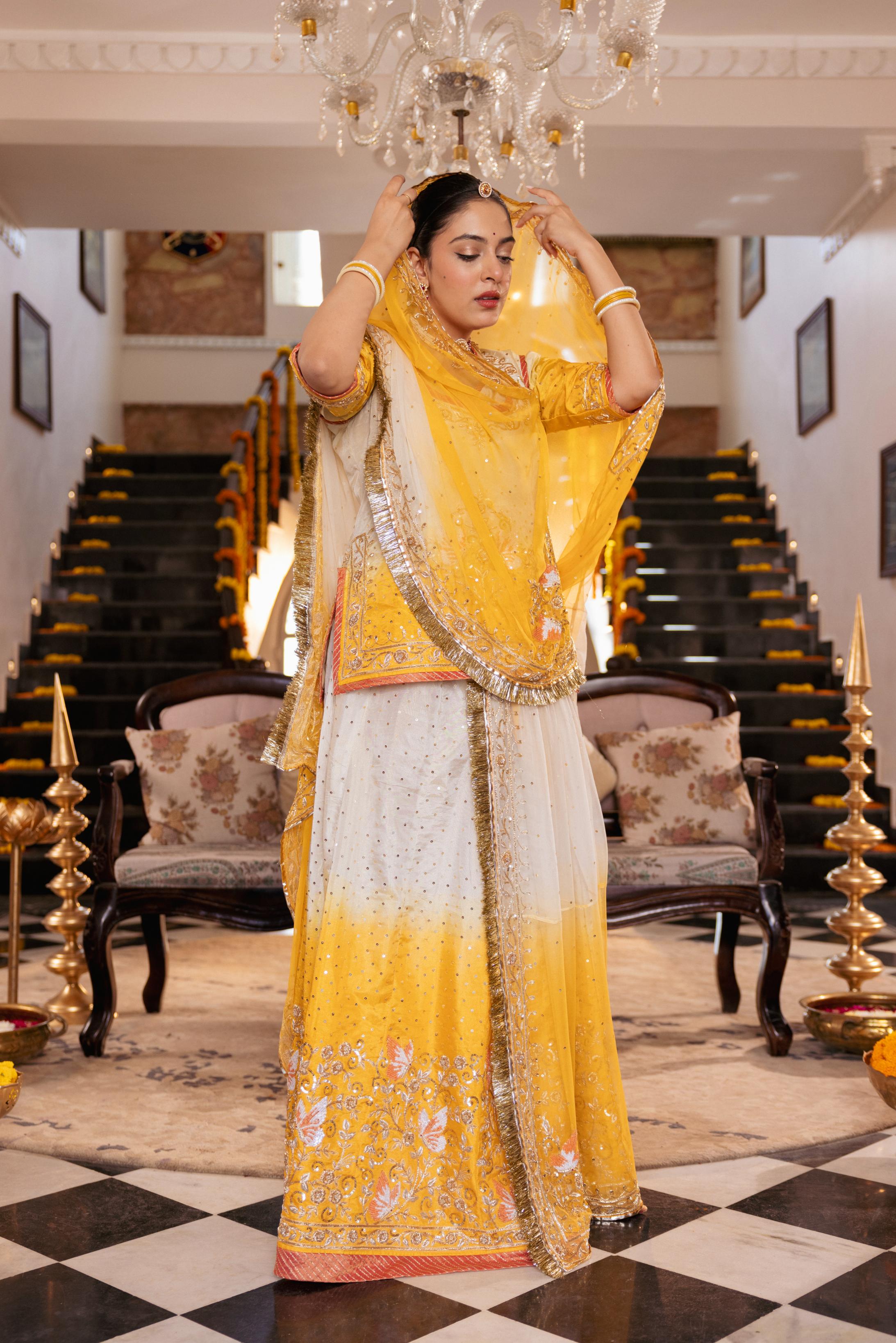 Yellow White Ombre Tissue Zardozi Handwork Poshak (Unstitched)