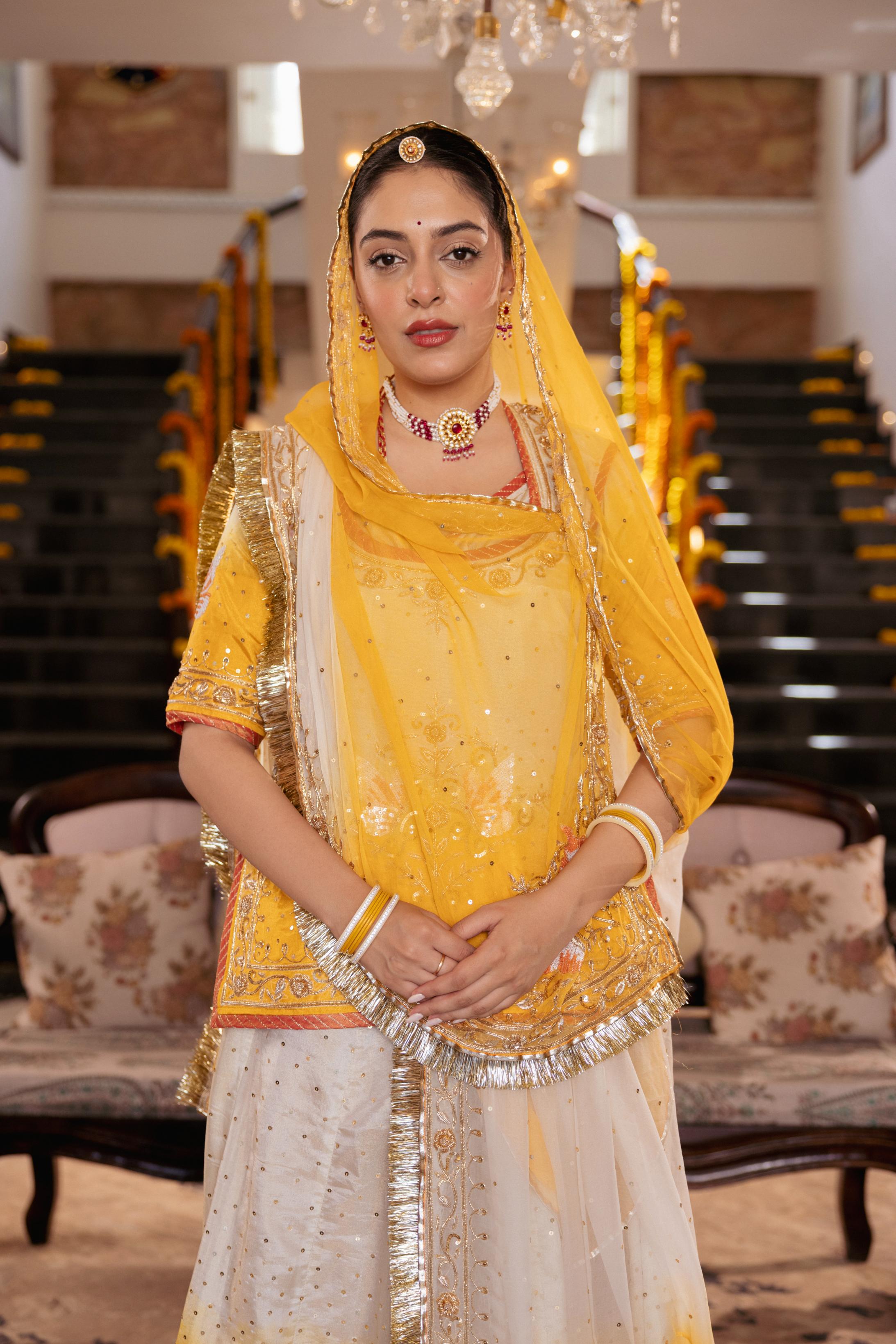 Yellow White Ombre Tissue Zardozi Handwork Poshak (Unstitched)