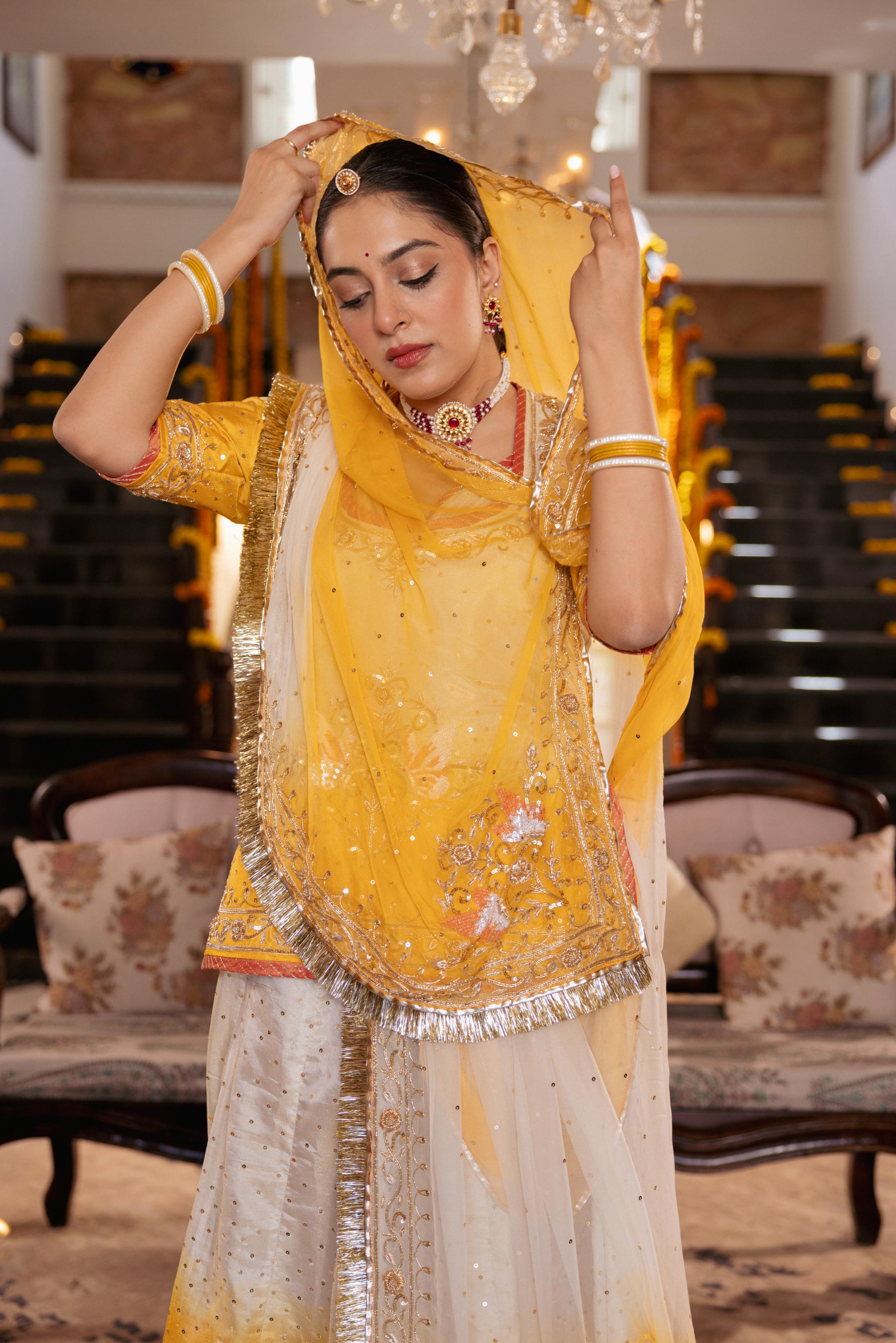 Yellow White Ombre Tissue Zardozi Handwork Poshak (Unstitched)