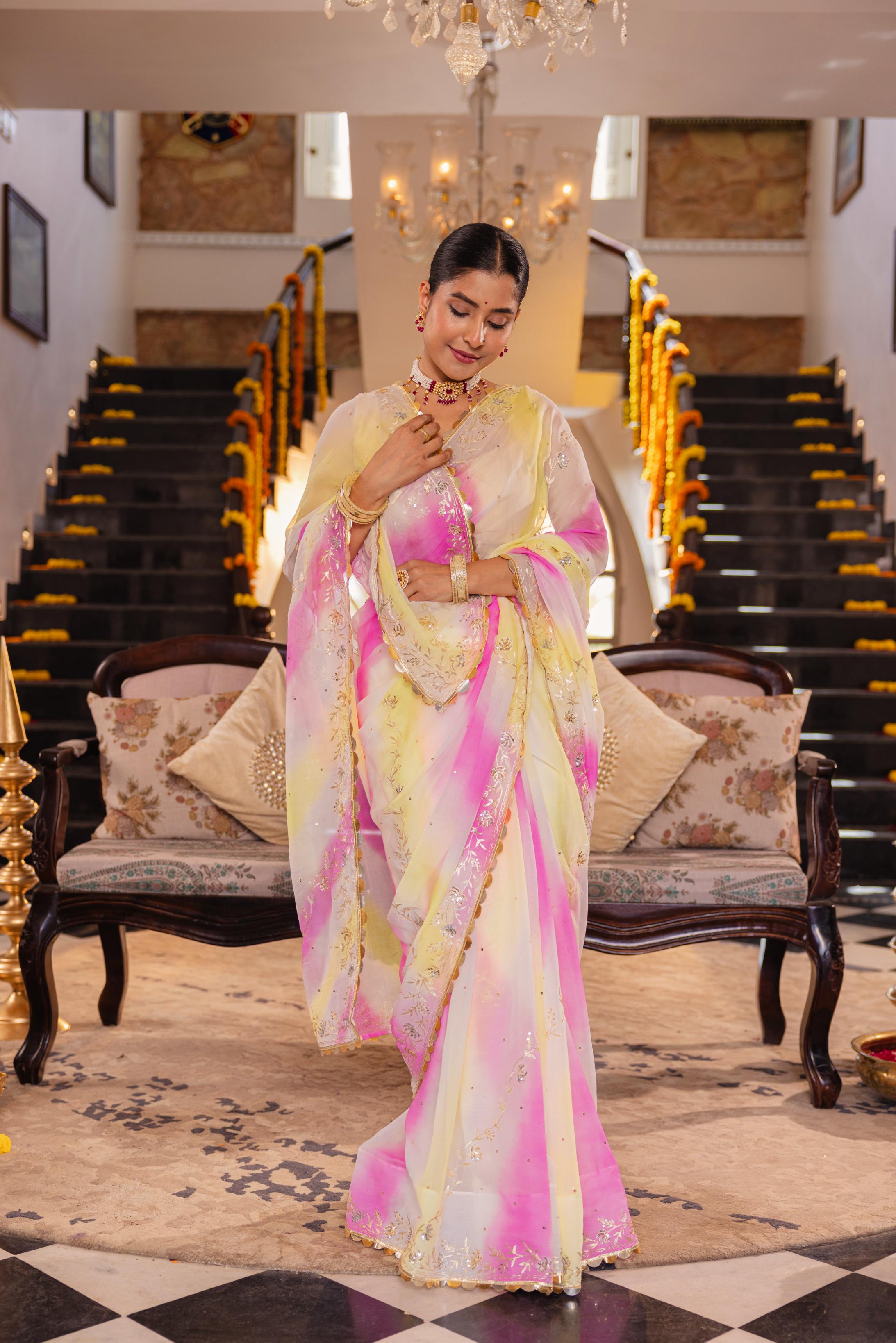 Samundar Leher Pure Chiffon Aari Tari Handwork Saree