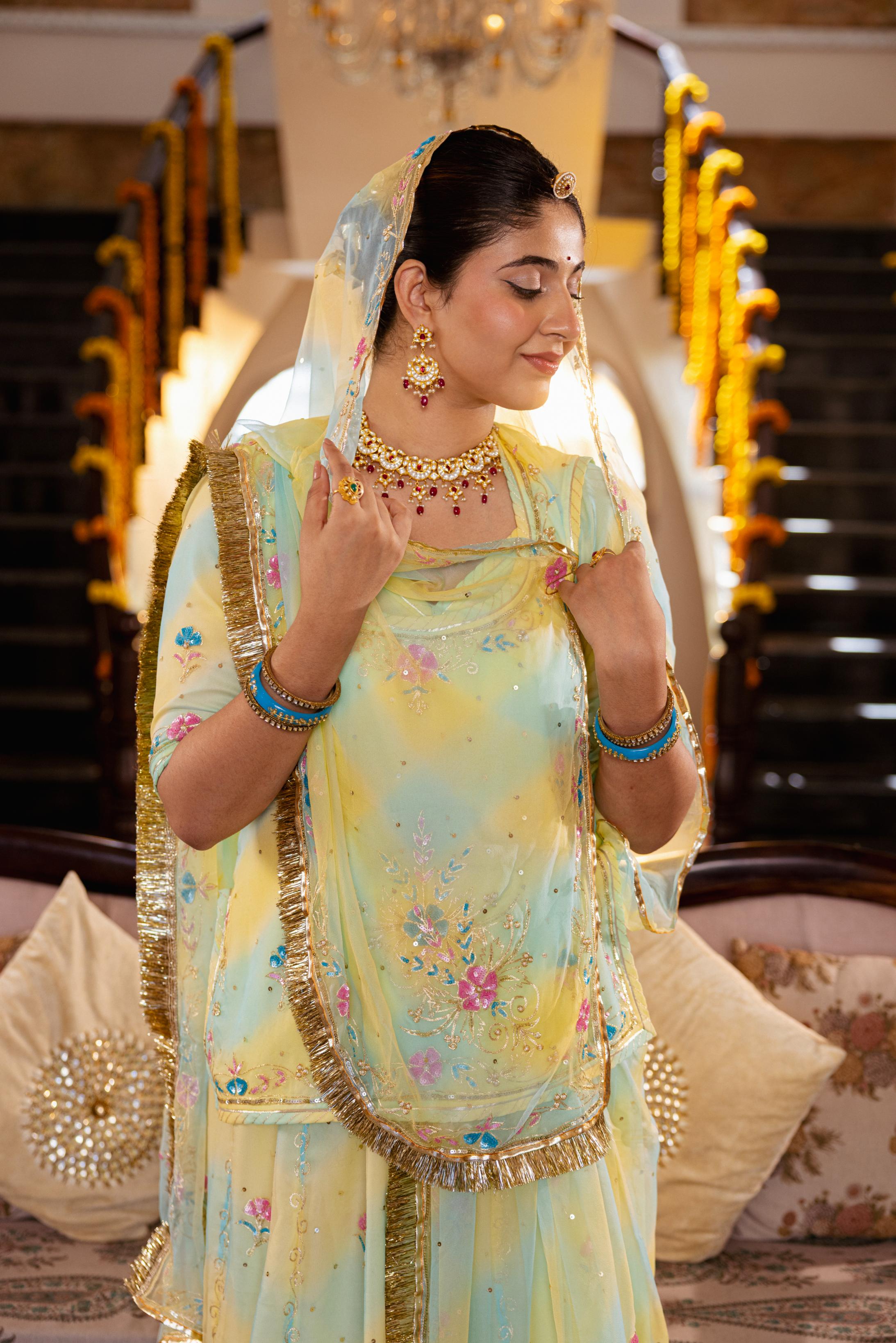 Samundar Leher 20 grms Pure Georgette Aari Sequins Kardana Handwork Poshak (Unstitched)