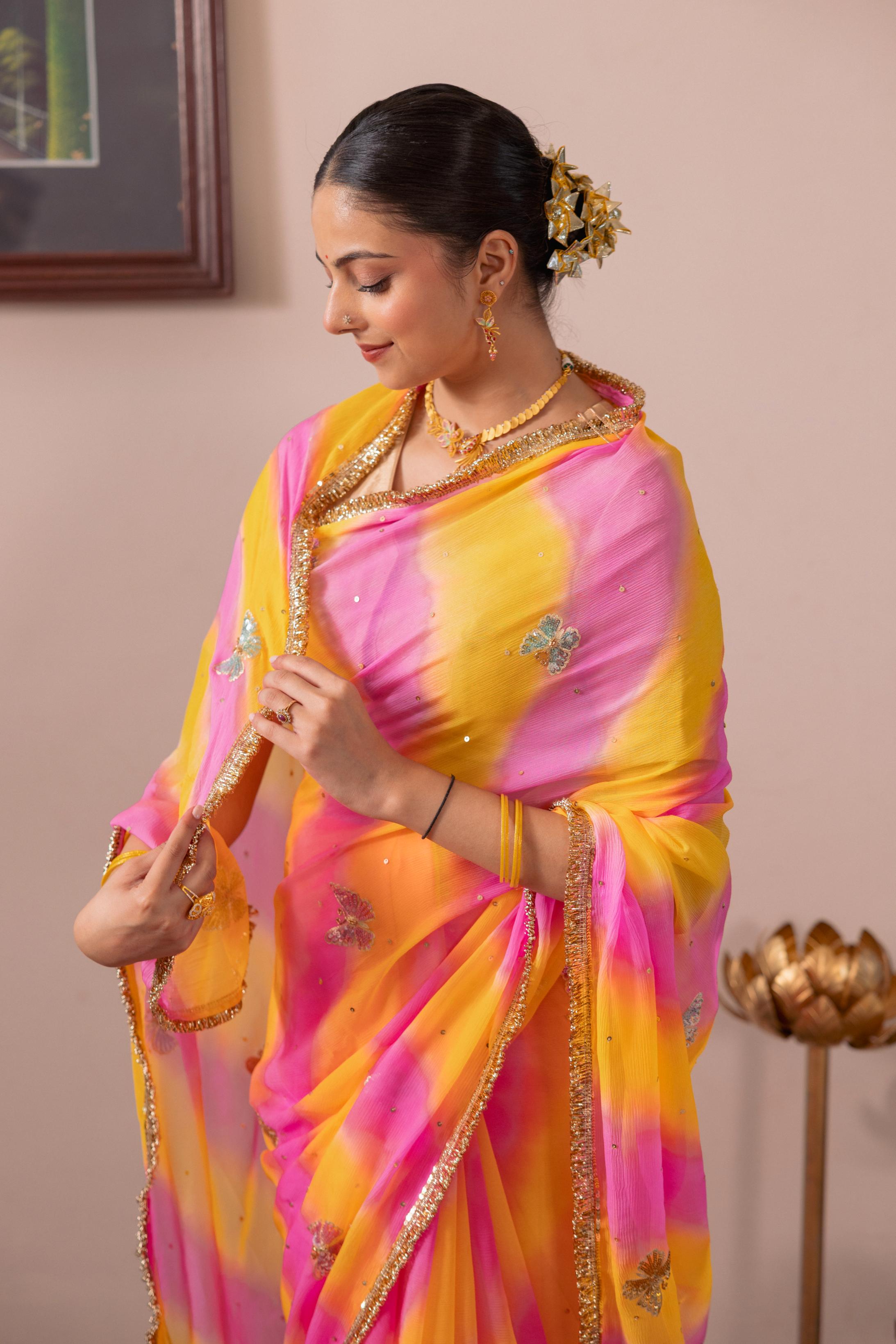 Samundar Leher Pure Chiffon Aari Sequins Motif Handwork Saree