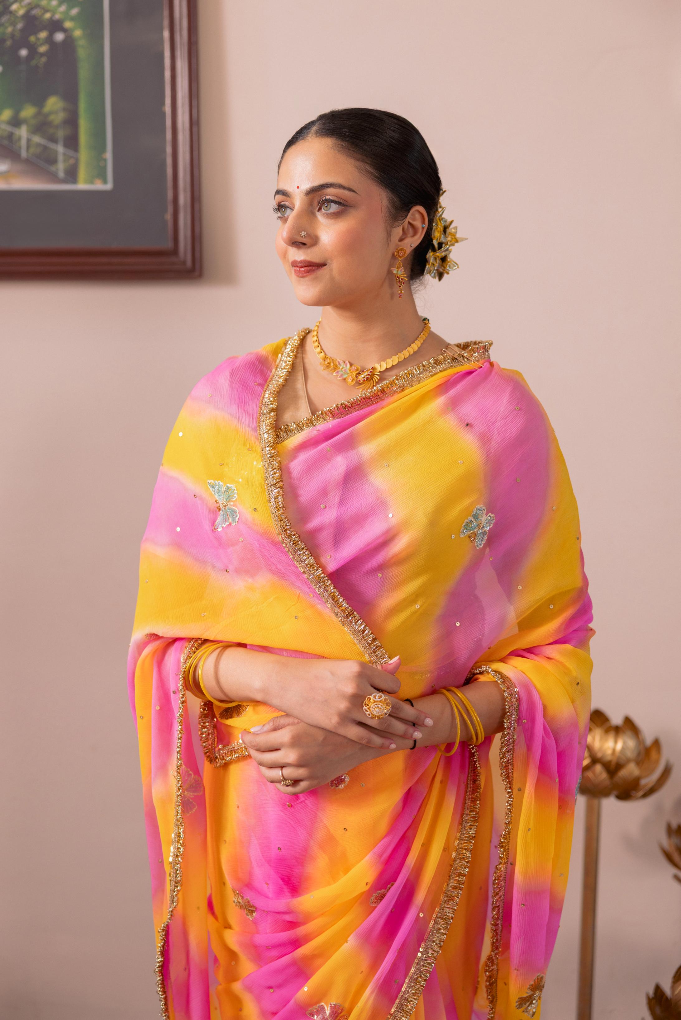 Samundar Leher Pure Chiffon Aari Sequins Motif Handwork Saree
