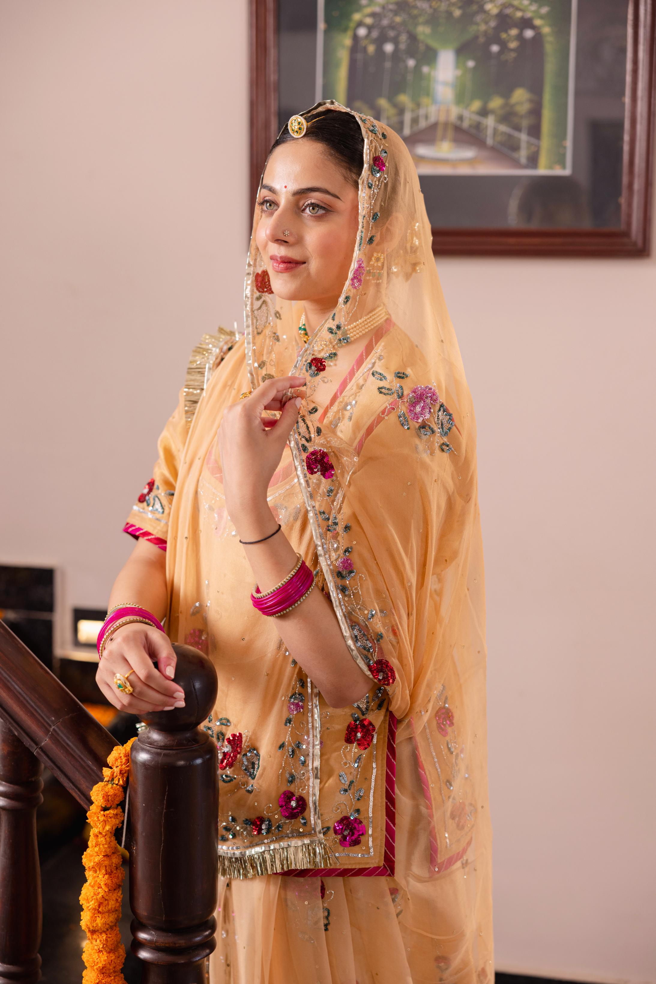Beige Tissue Sequins Kardana Handwork Poshak (Unstitched)