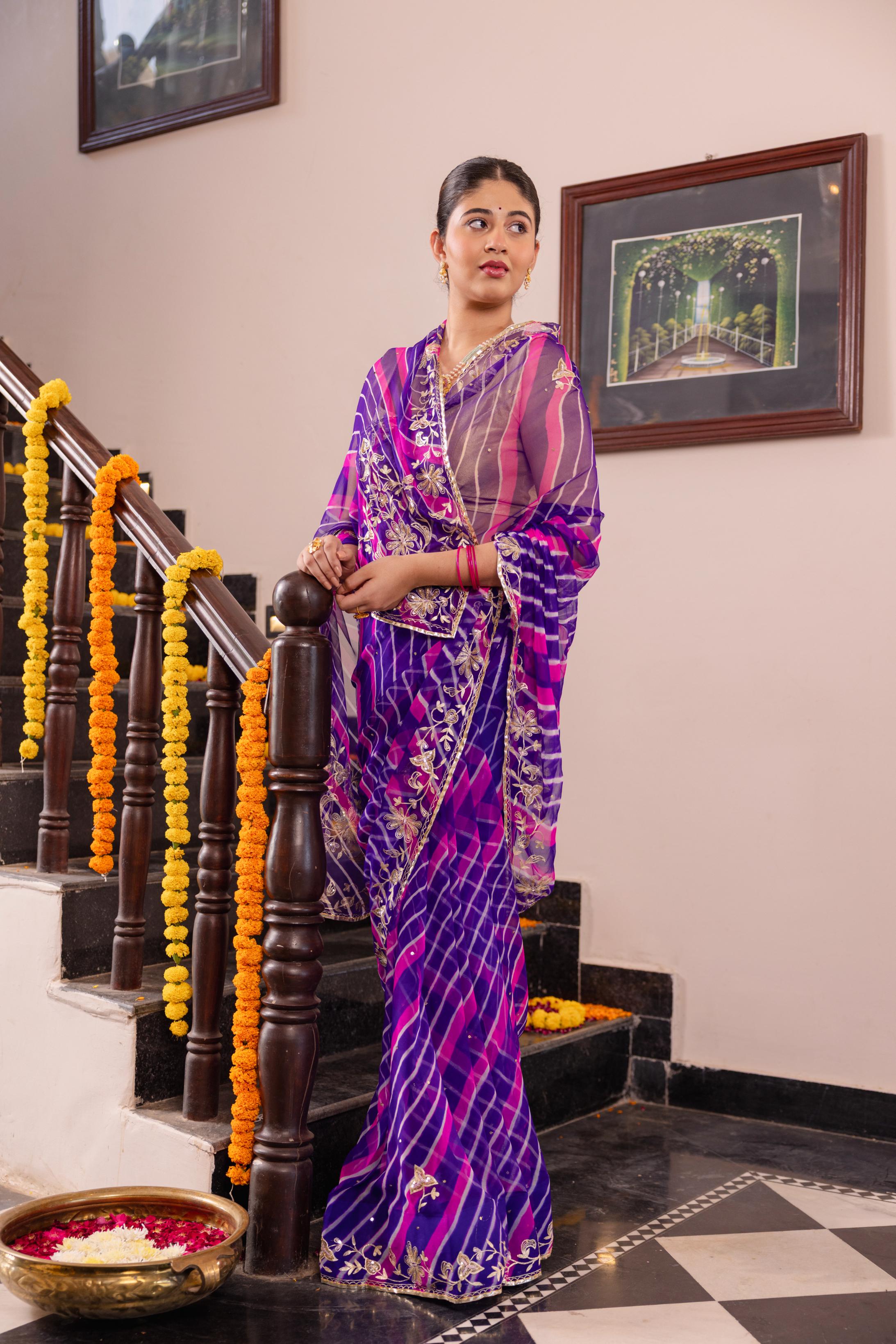 Purple Rani Leheriya 20 grms Pure Georgette Aari Tari Handwork Saree