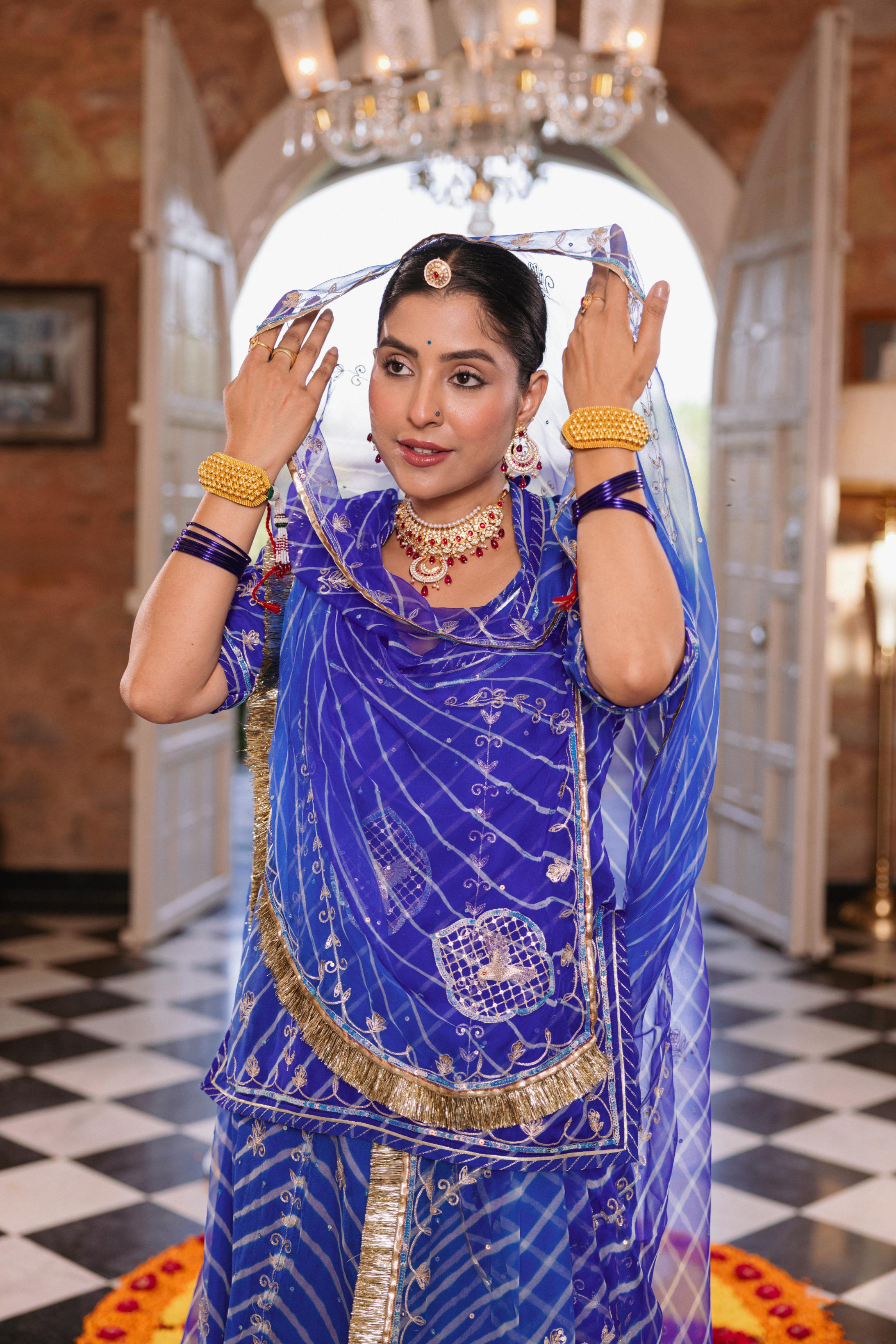Royal Blue 20 grms Pure Georgette AAri Sequins Cutwork Handwork Poshak (Unstitched)