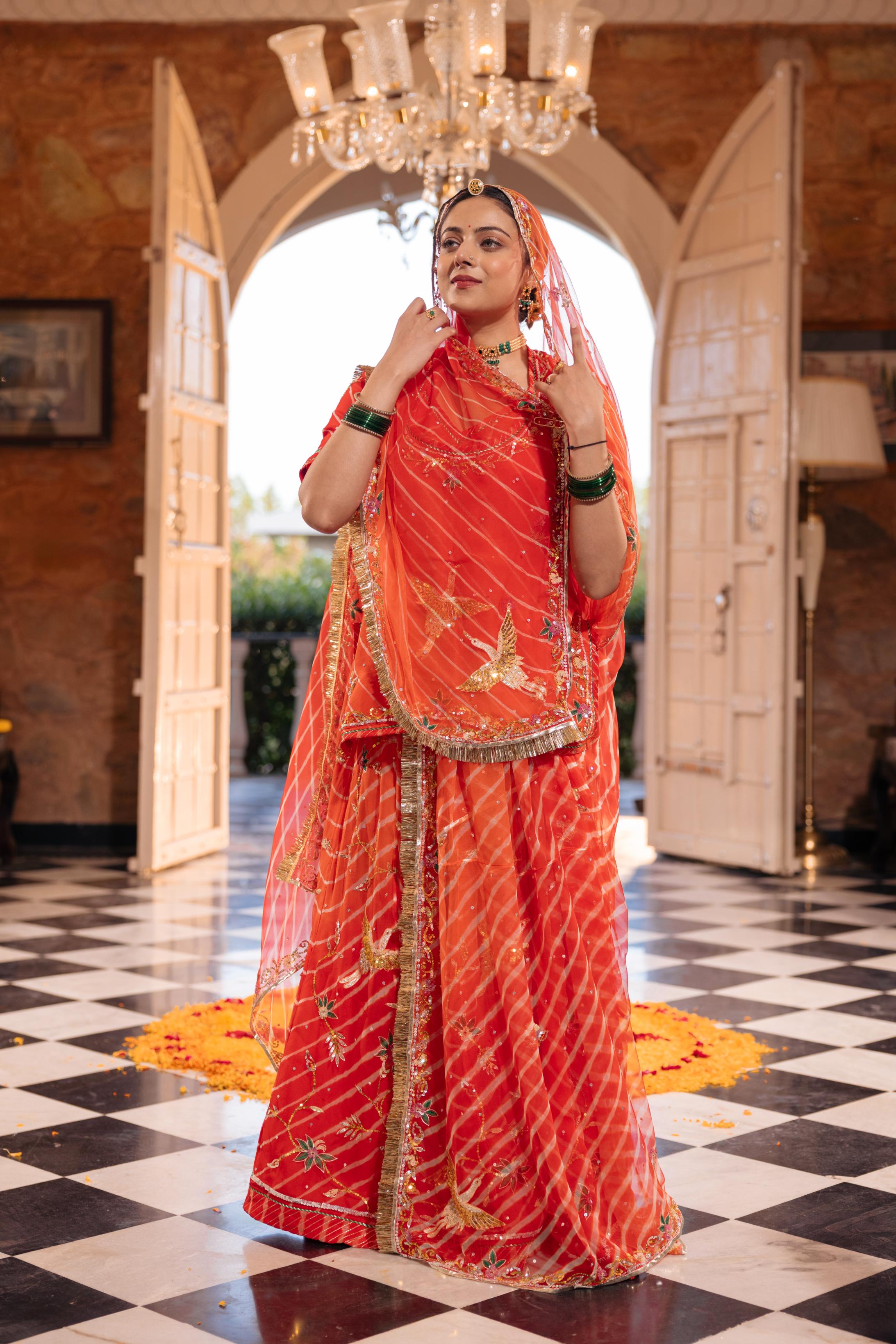 Orange 20 grms Pure Georgette Aari Sequins Resham Handwork Poshak (Unstitched)