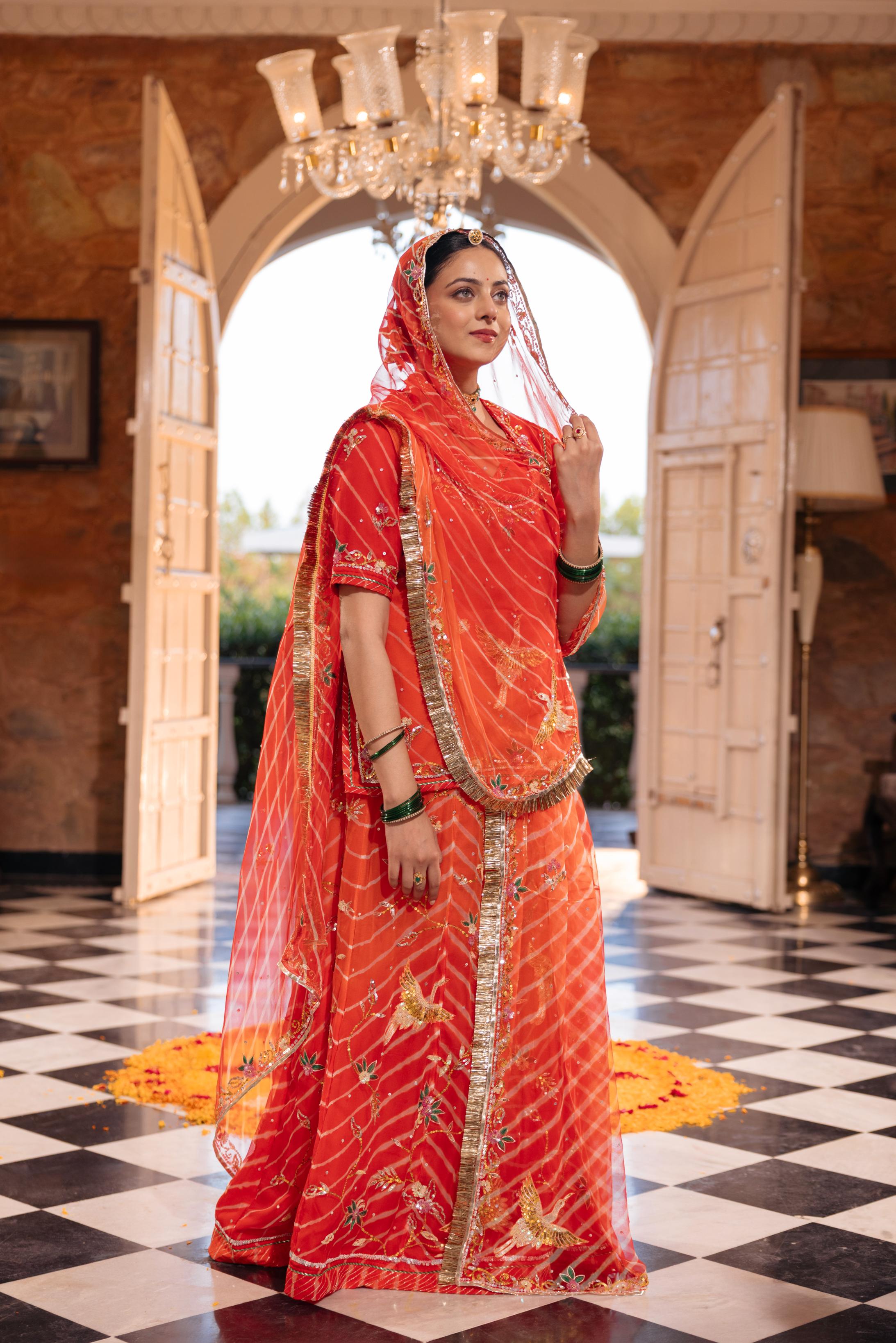 Orange 20 grms Pure Georgette Aari Sequins Resham Handwork Poshak (Unstitched)