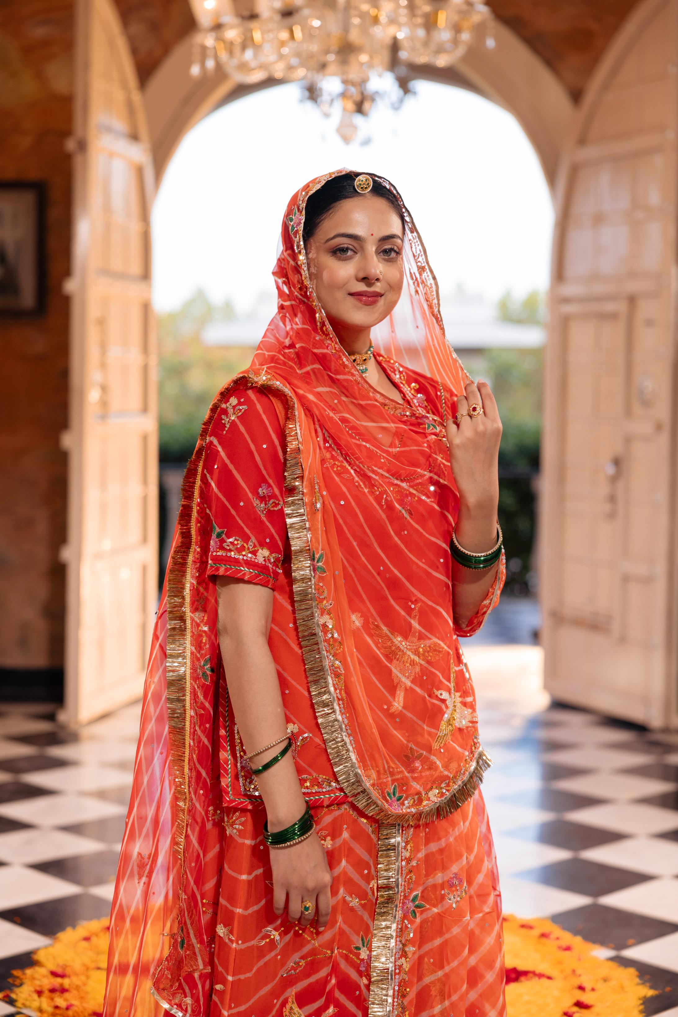 Orange 20 grms Pure Georgette Aari Sequins Resham Handwork Poshak (Unstitched)