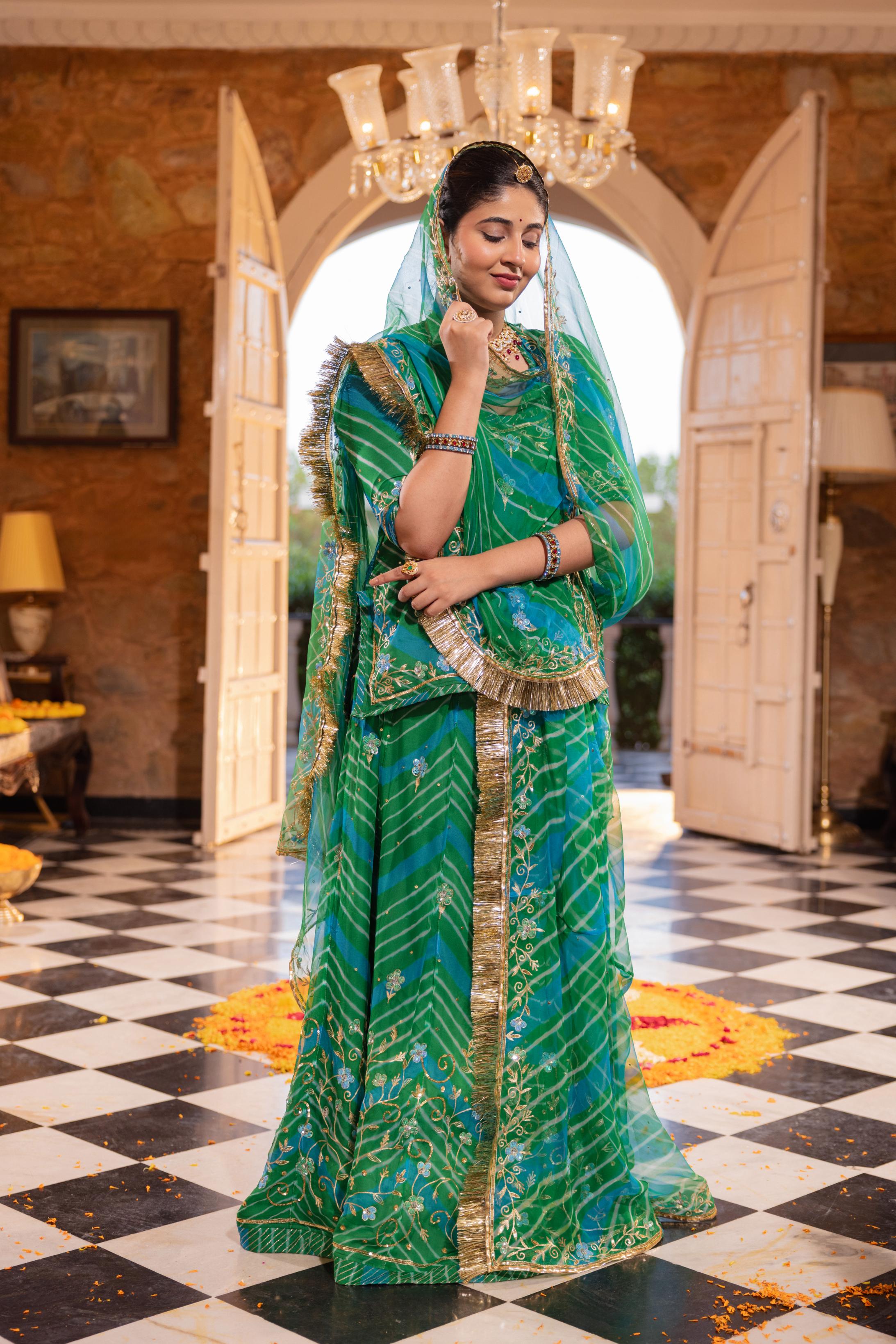 Green 20 grms Pure Georgette Aari Tari Handwork Poshak (Unstitched)