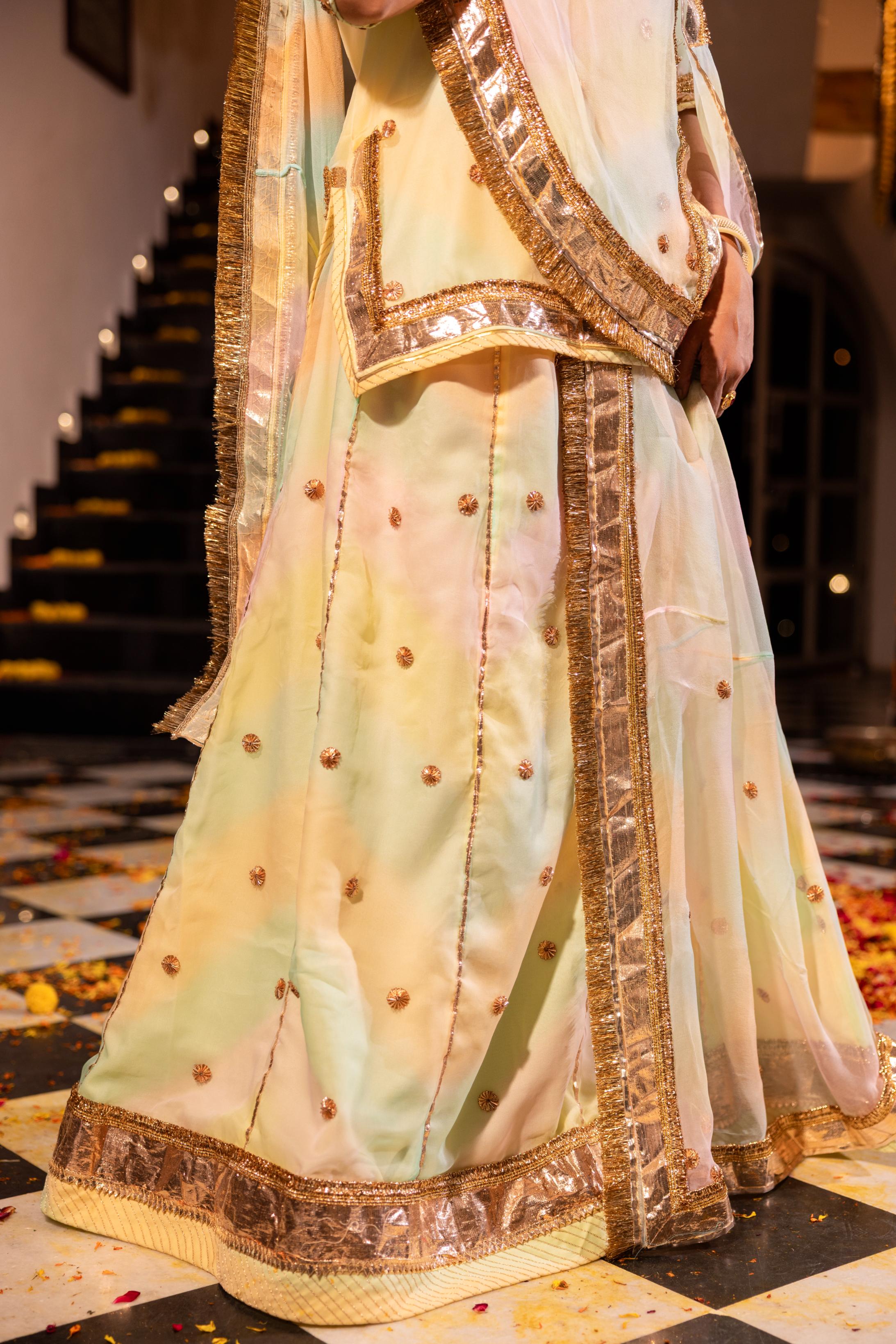 Samundar Leher 21 grms Pure Georgette Copper Laffi Dhora Ginni Phool Handwork Poshak (Unstitched)