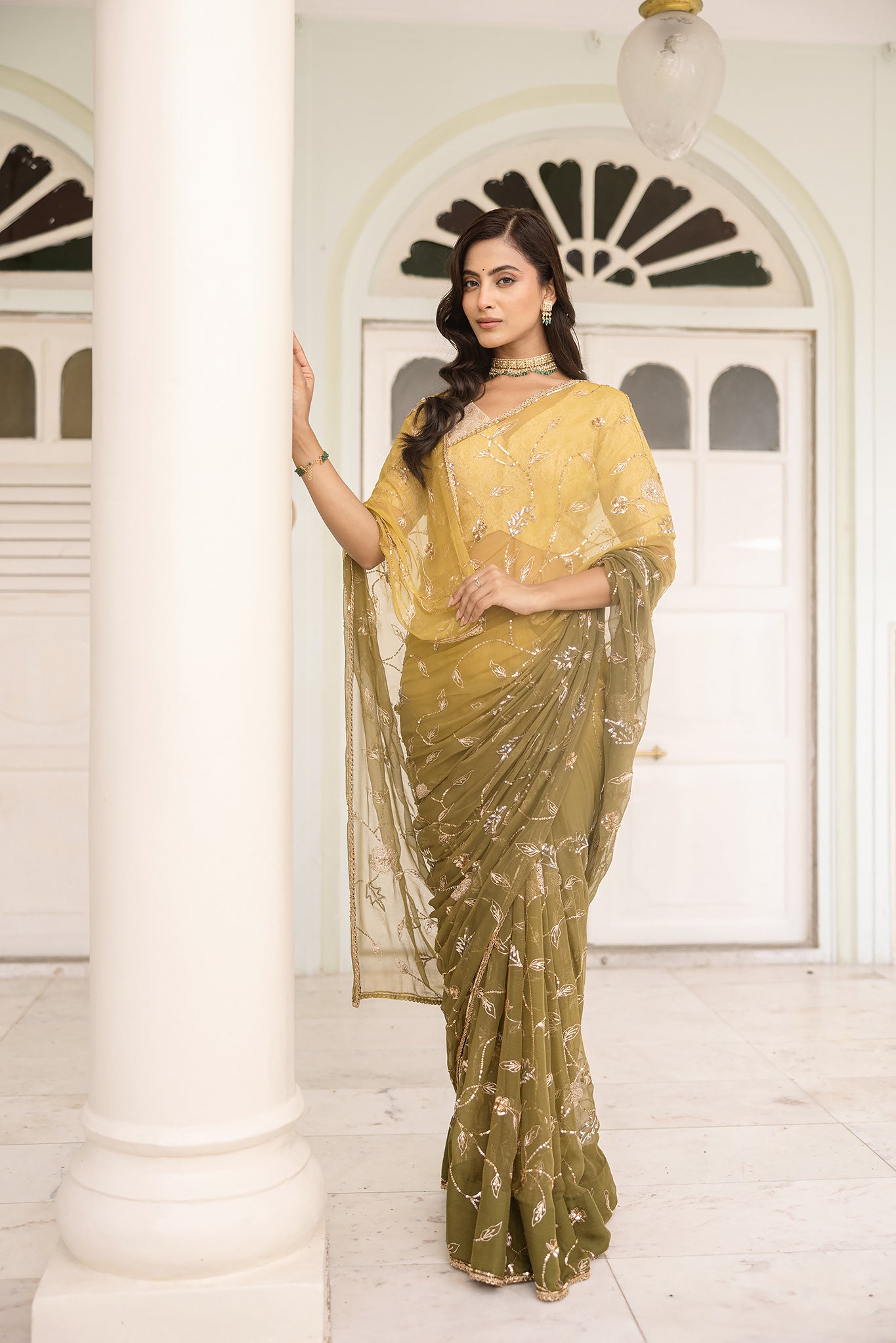 Mehandi Green Viscose Chiffon Aari Sequins Handwork Saree