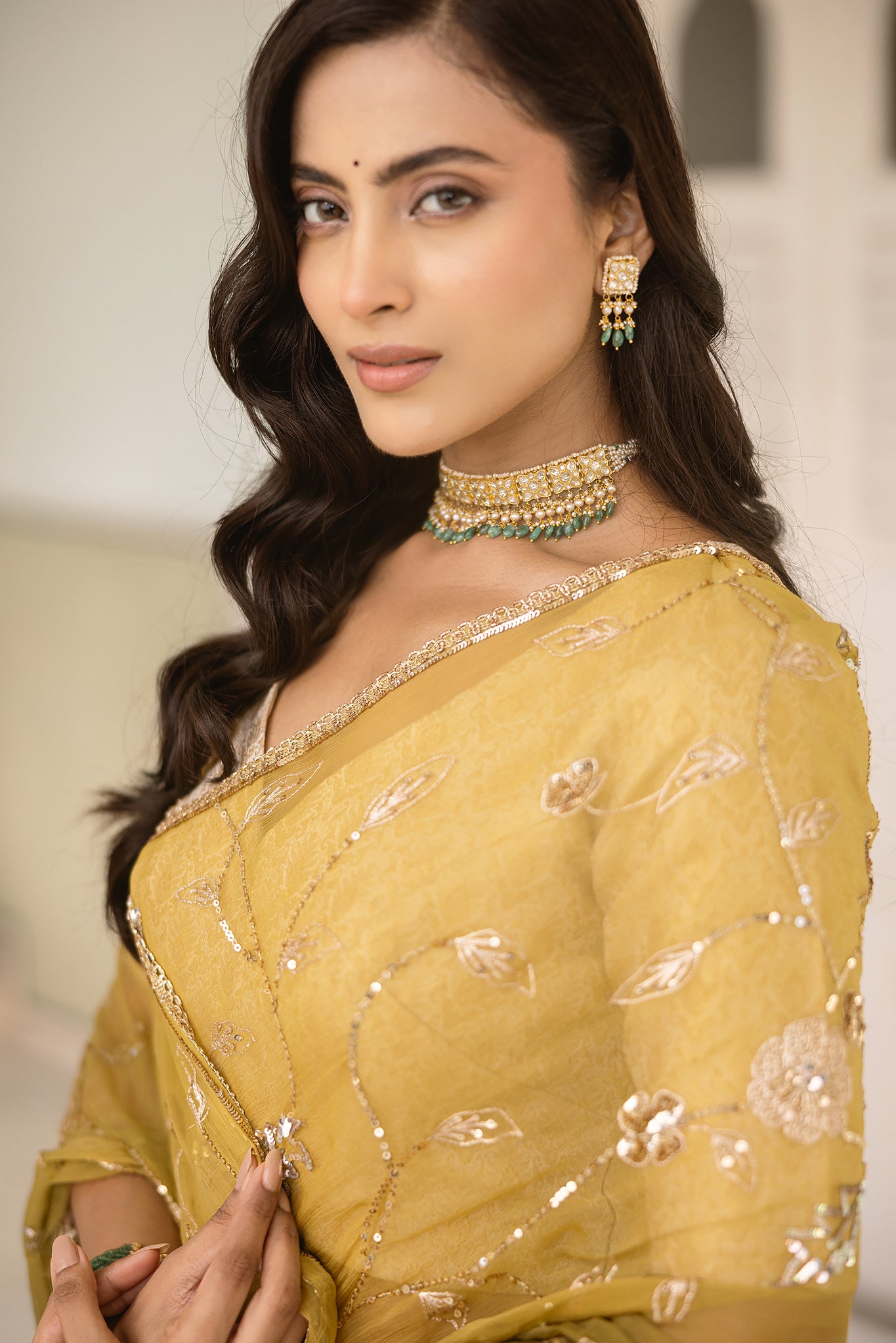 Mehandi Green Viscose Chiffon Aari Sequins Handwork Saree