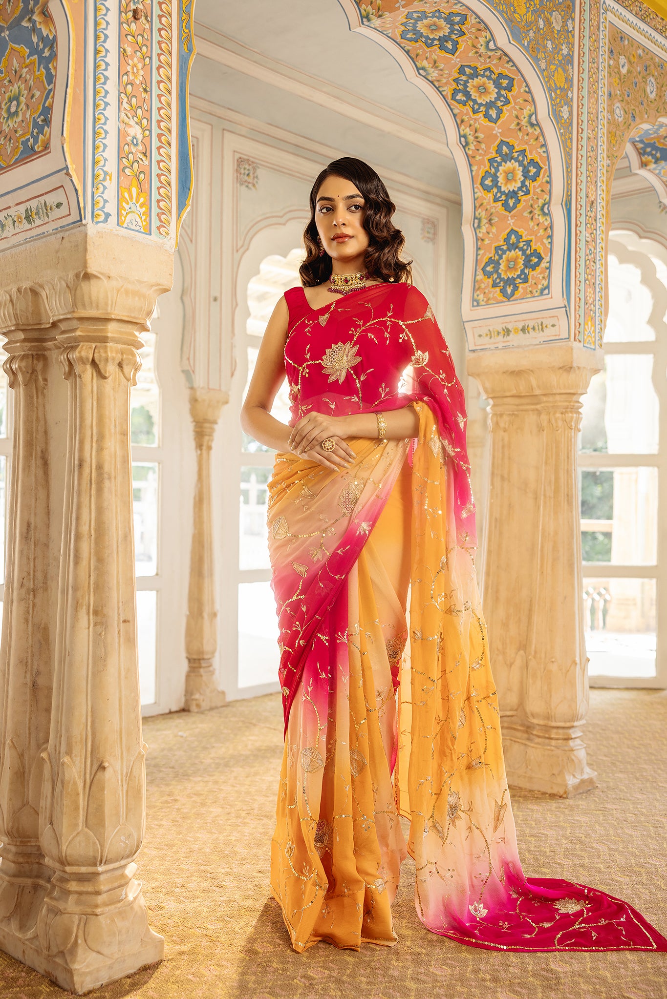 Rani Peach Shaded Pure Chiffon Aari Tari Jaal work Handwork Saree