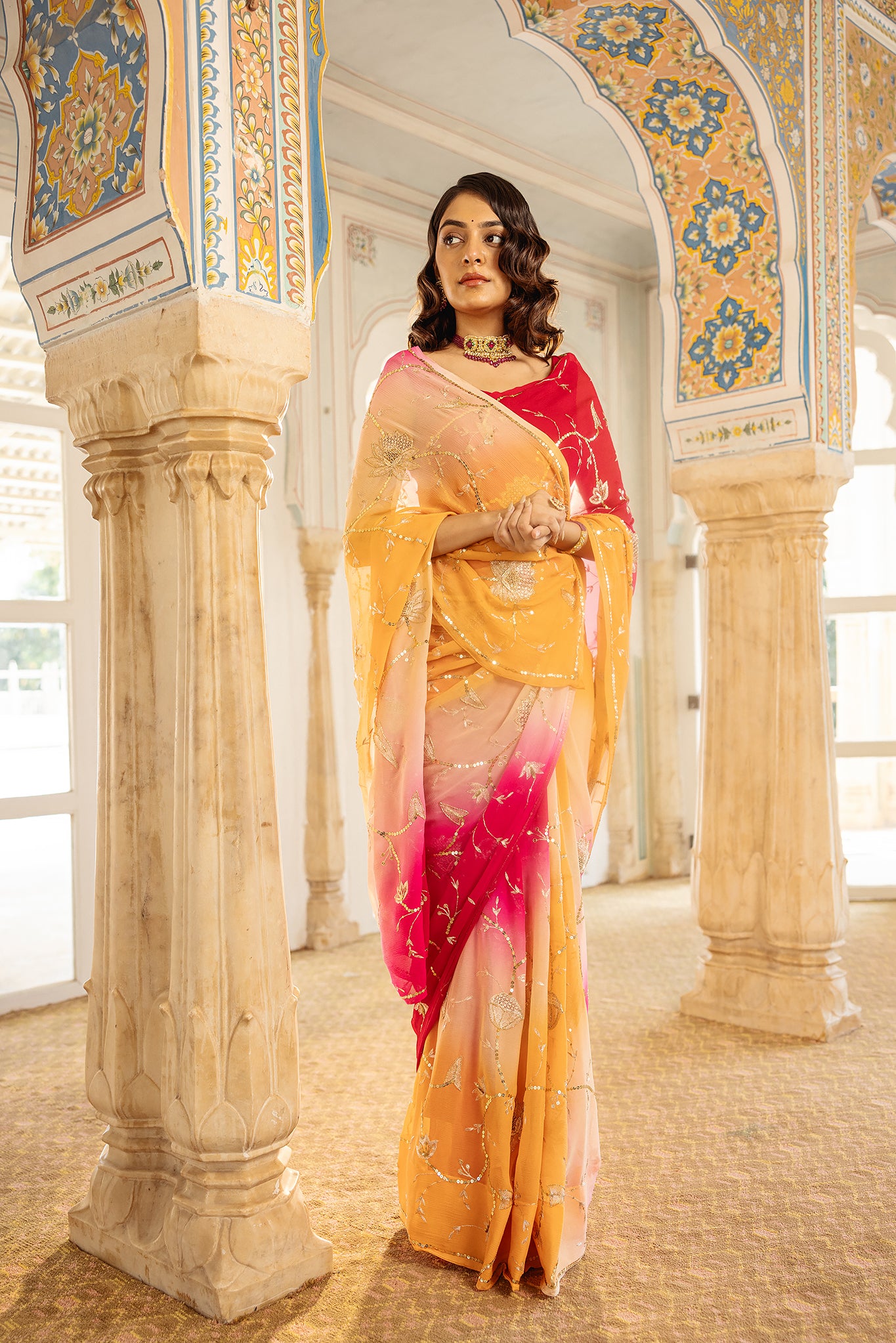 Rani Peach Shaded Pure Chiffon Aari Tari Jaal work Handwork Saree