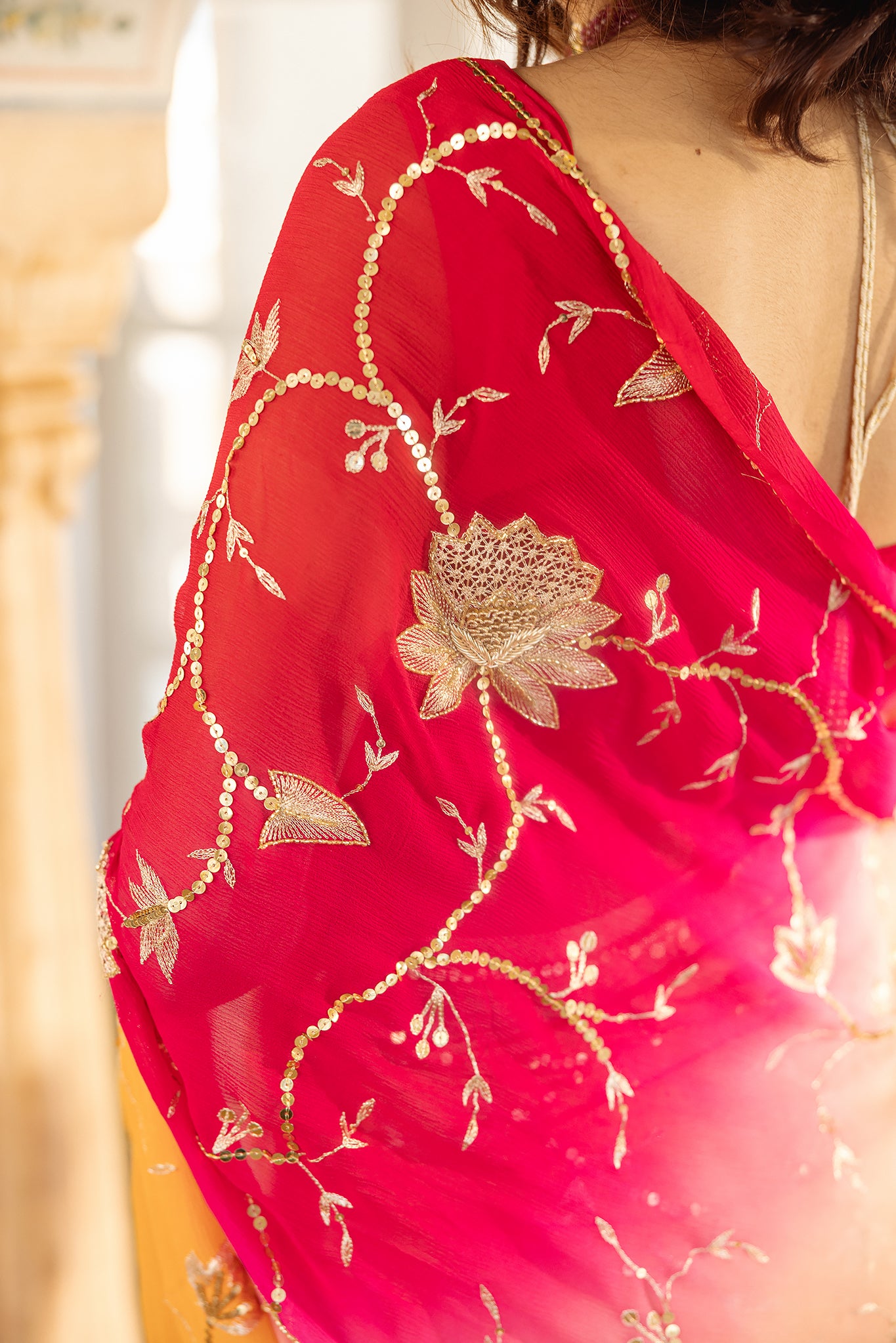 Rani Peach Shaded Pure Chiffon Aari Tari Jaal work Handwork Saree