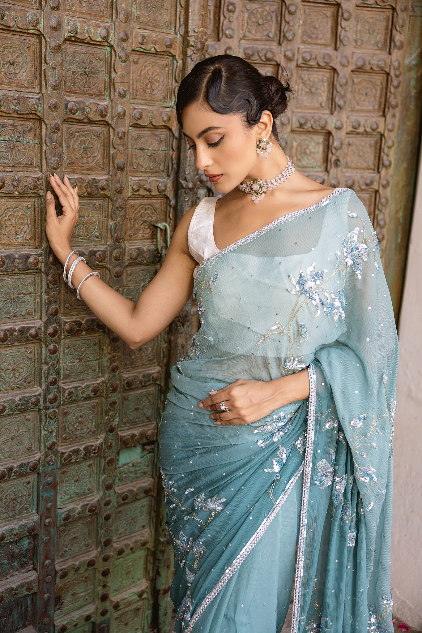 Blue Turquoise Pure Chiffon Aari Sequins Kardana work Handwork Saree