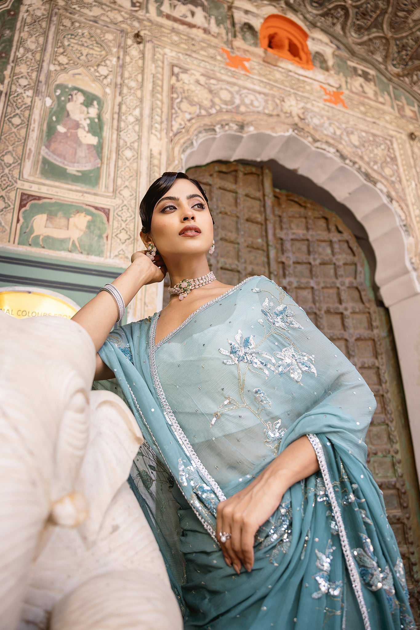 Blue Turquoise Pure Chiffon Aari Sequins Kardana work Handwork Saree