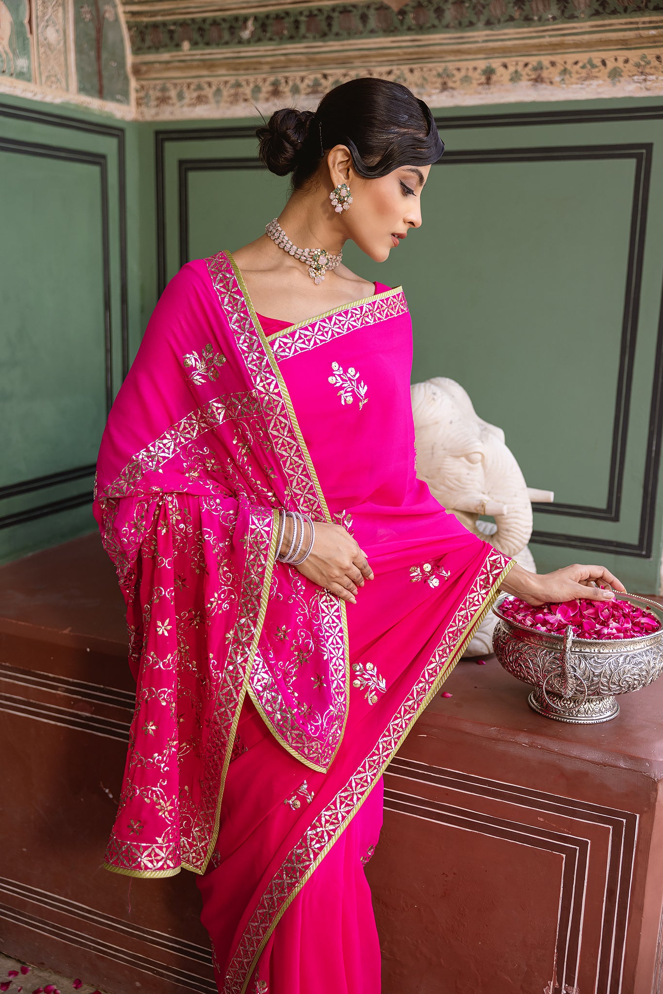 Rani Pink Shaded Pure Georgette Mukaish Handwork Saree