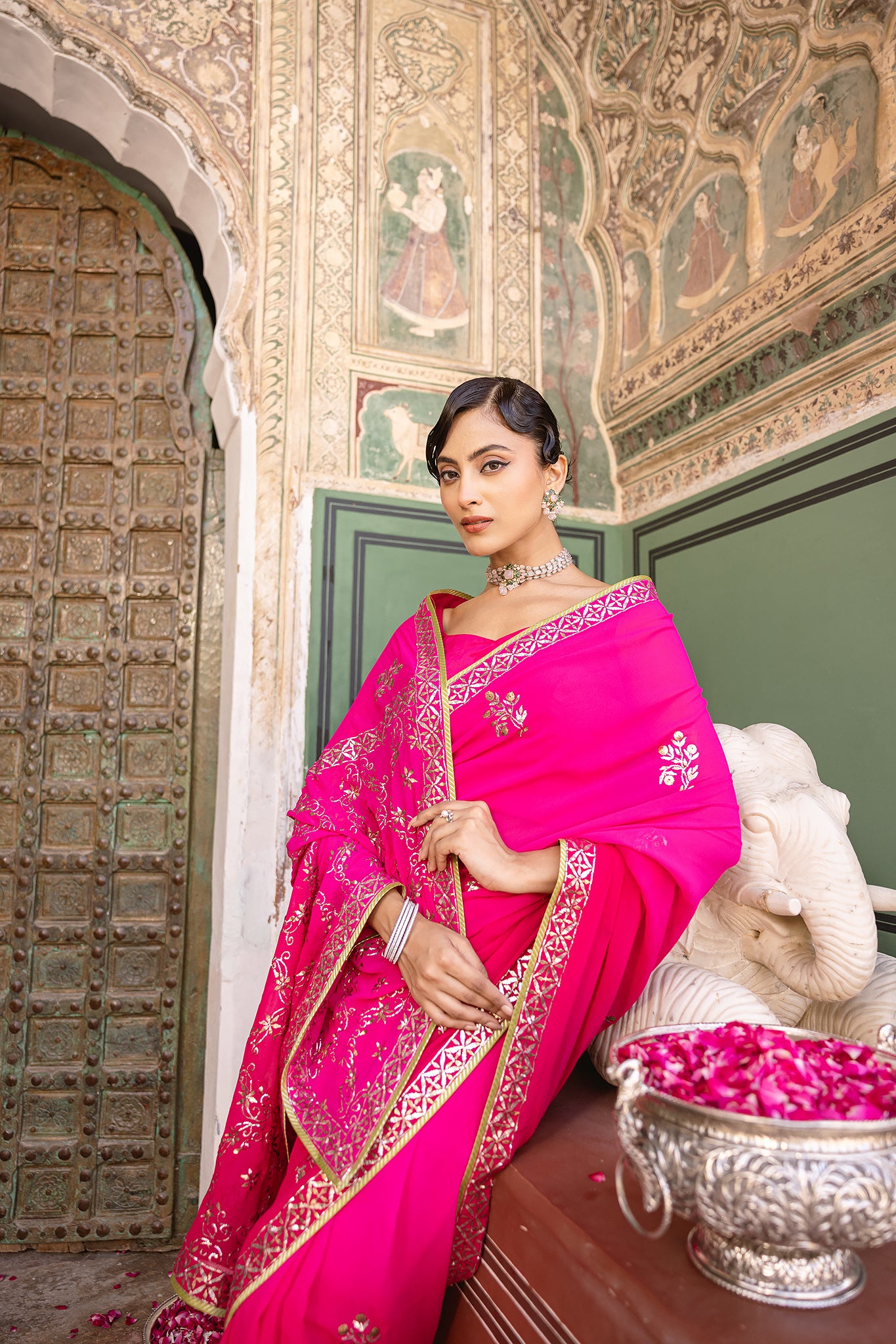 Rani Pink Shaded Pure Georgette Mukaish Handwork Saree