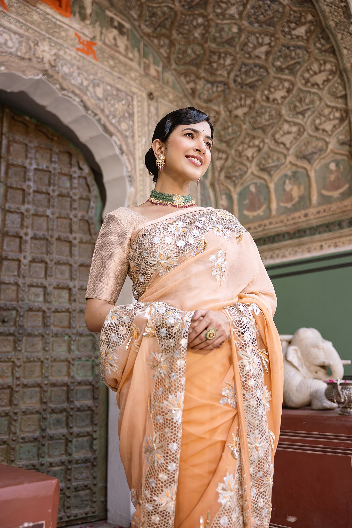 Peach Shaded Pure Chiffon Aari Sequins Zardozi Cutwork Handwork Saree
