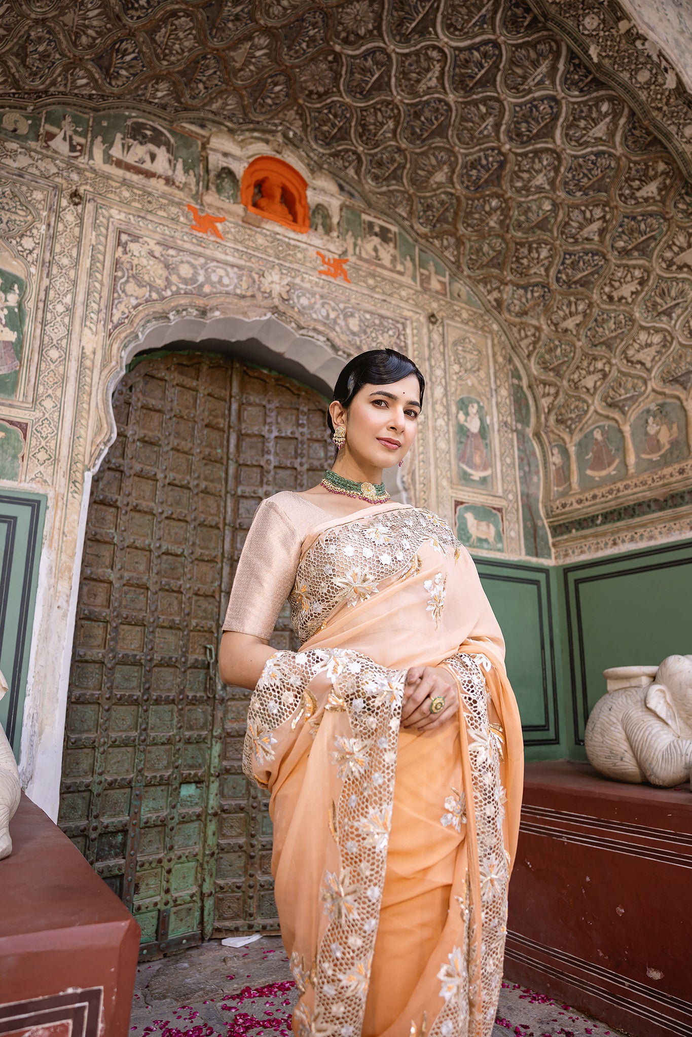 Peach Shaded Pure Chiffon Aari Sequins Zardozi Cutwork Handwork Saree