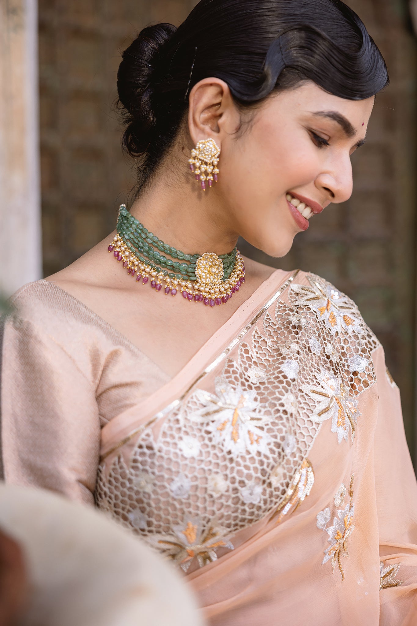 Peach Shaded Pure Chiffon Aari Sequins Zardozi Cutwork Handwork Saree