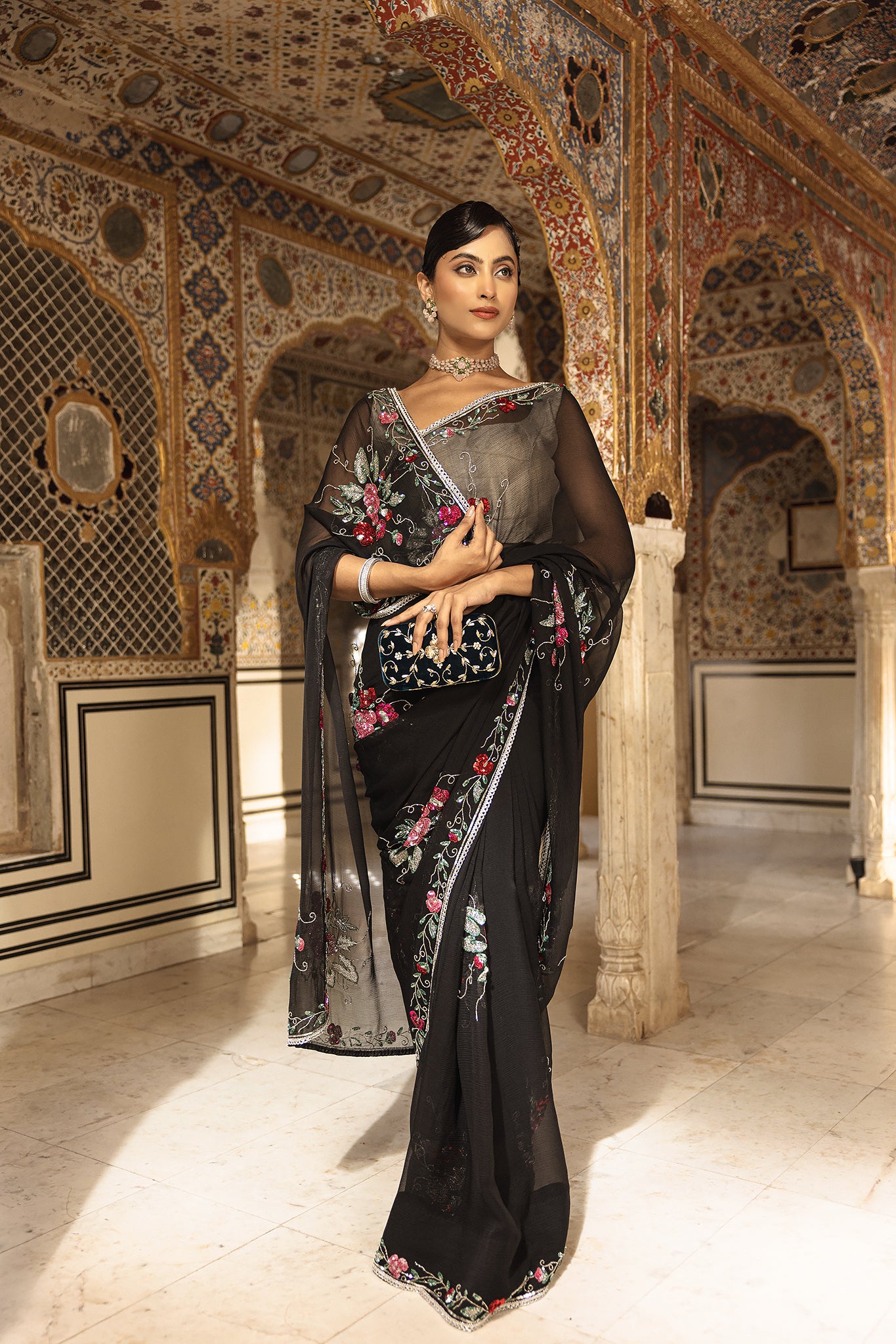 Black Pure Chiffon Sequins Kardana Handwork Saree