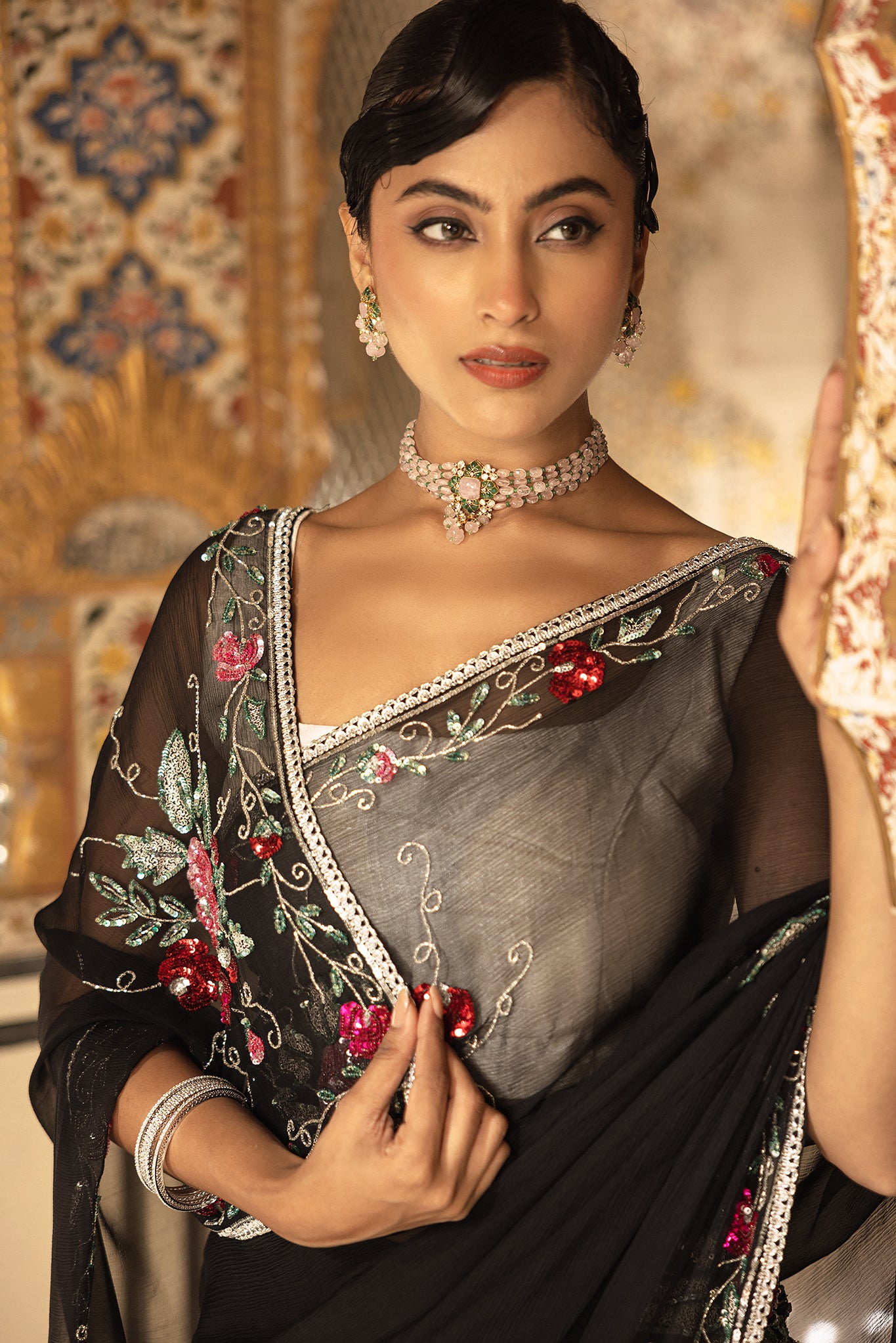 Black Pure Chiffon Sequins Kardana Handwork Saree