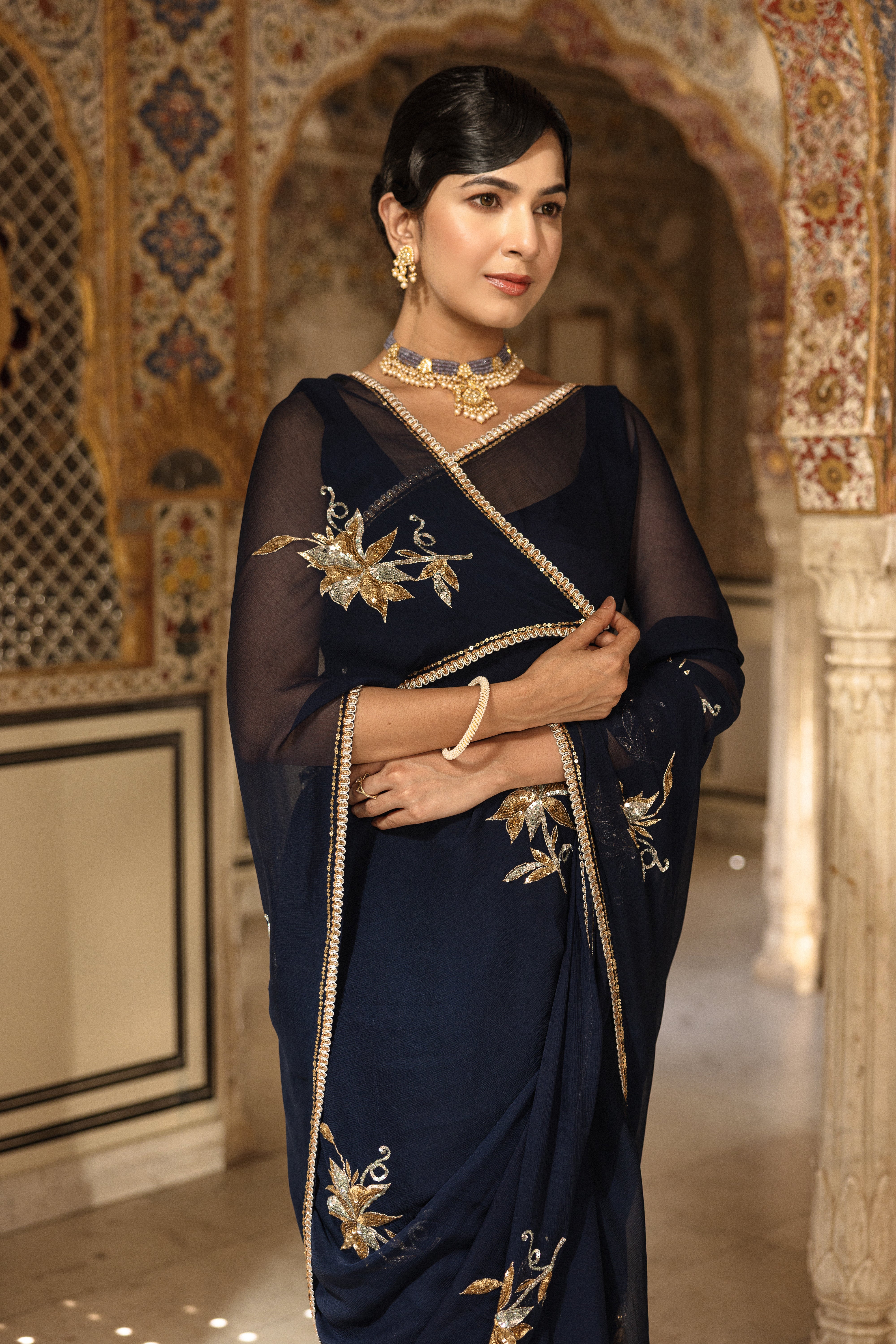 Navy Blue Pure Chiffon Aari Sequins Handwork Saree