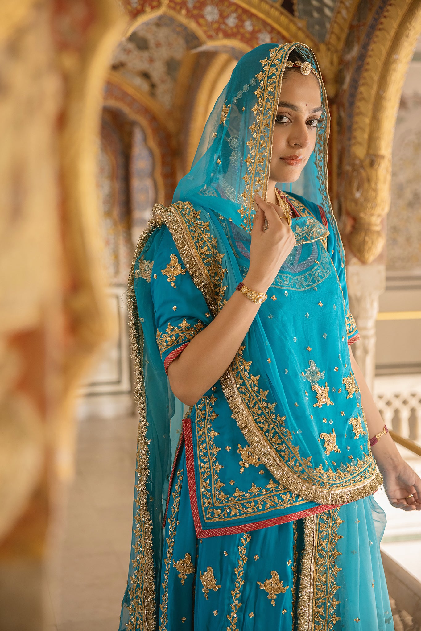 Firozi Bamber Satin Dori Salma Tari Handwork Poshak (Unstitched)