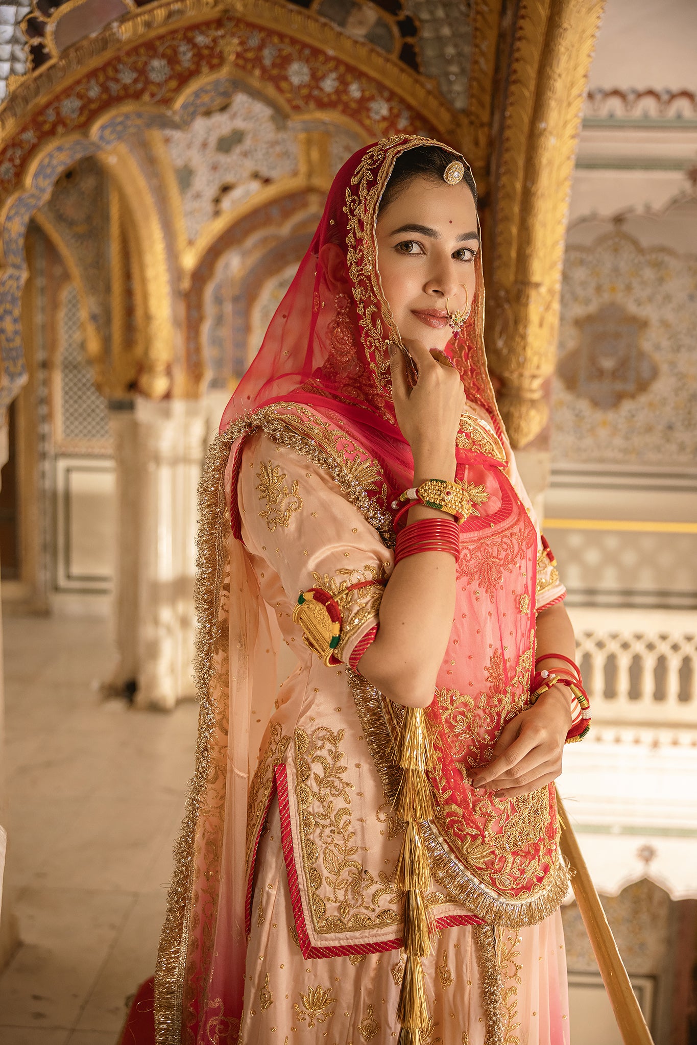 Peach Pink Shaded Pure Satin Salma Tari Dabka Handwork Poshak With Pure Odhana (Unstitched)